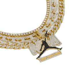 Never Broke Jump Man (BL) Cz 4 Pcs Set Puffy Mariner Chain, Tennis Chain & Miami Cuban Chain Bundle Gold PT