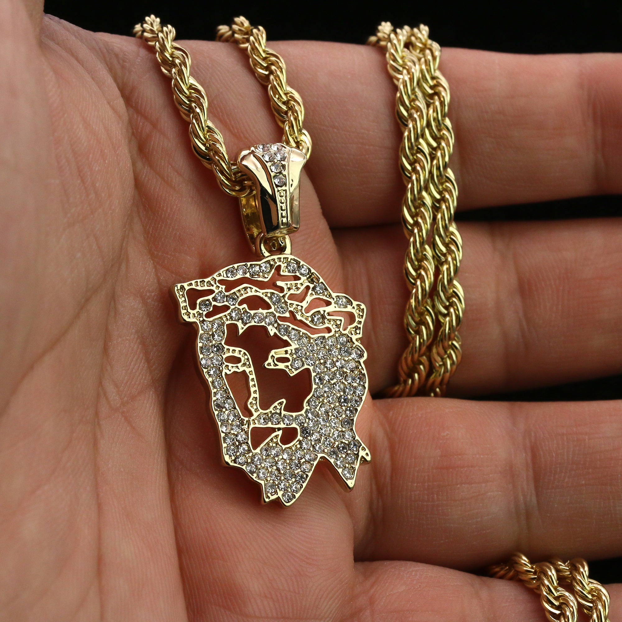 Hollow Jesus Face Pendant 24" Rope Chain Hip Hop 18k Cz Jewelry Necklace