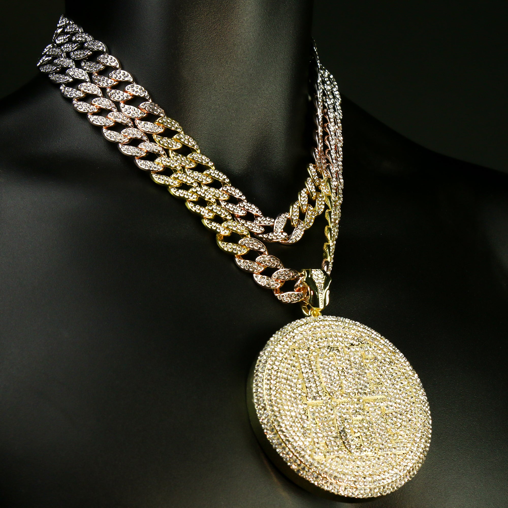 3pc Set – Huge ICE AGE Round Pendant & 3-Tone Iced Cuban Chains 18"/20"