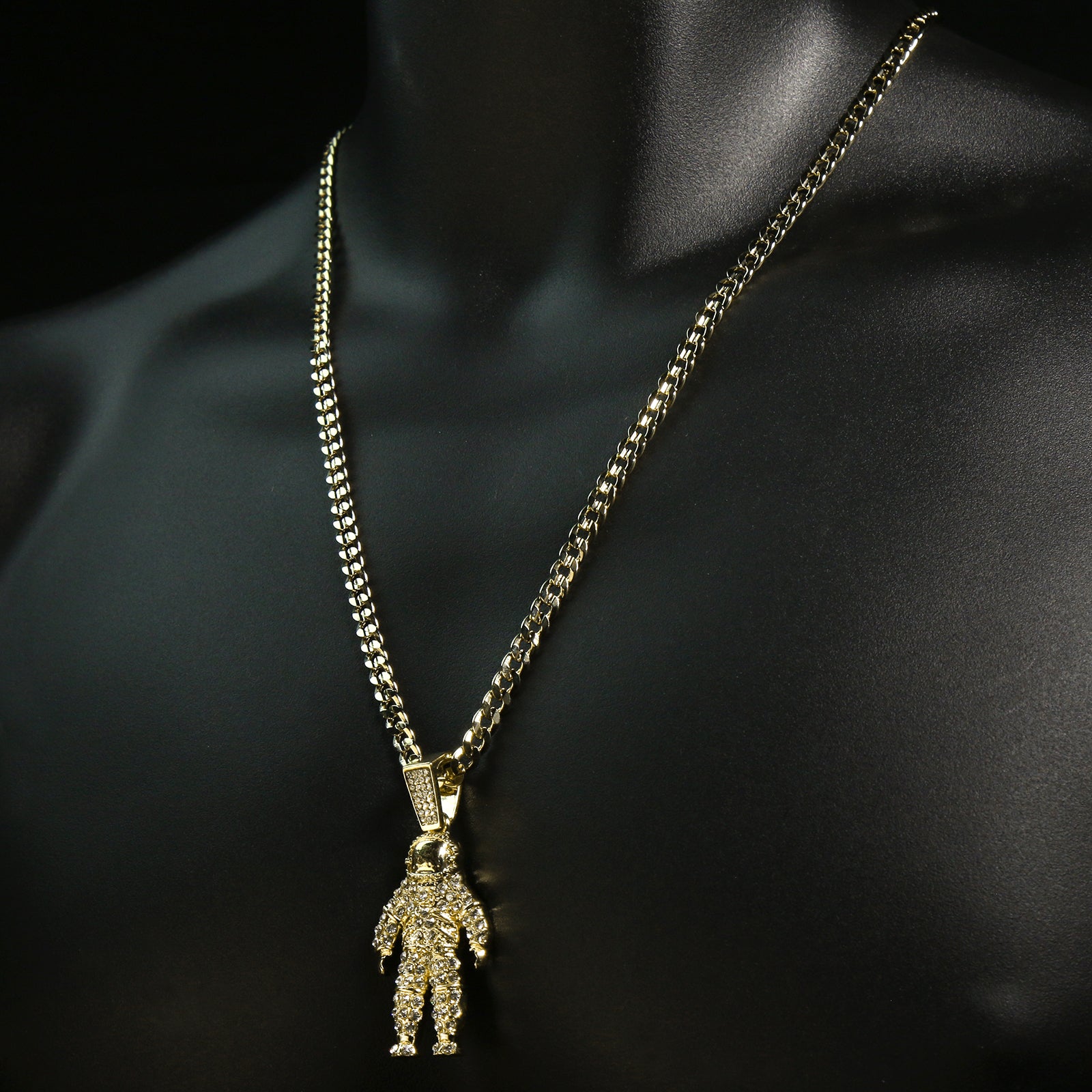 Exquisite Fully Iced Astronaut Space Man 14k Gold PT Pendant 24" Cuban Chain