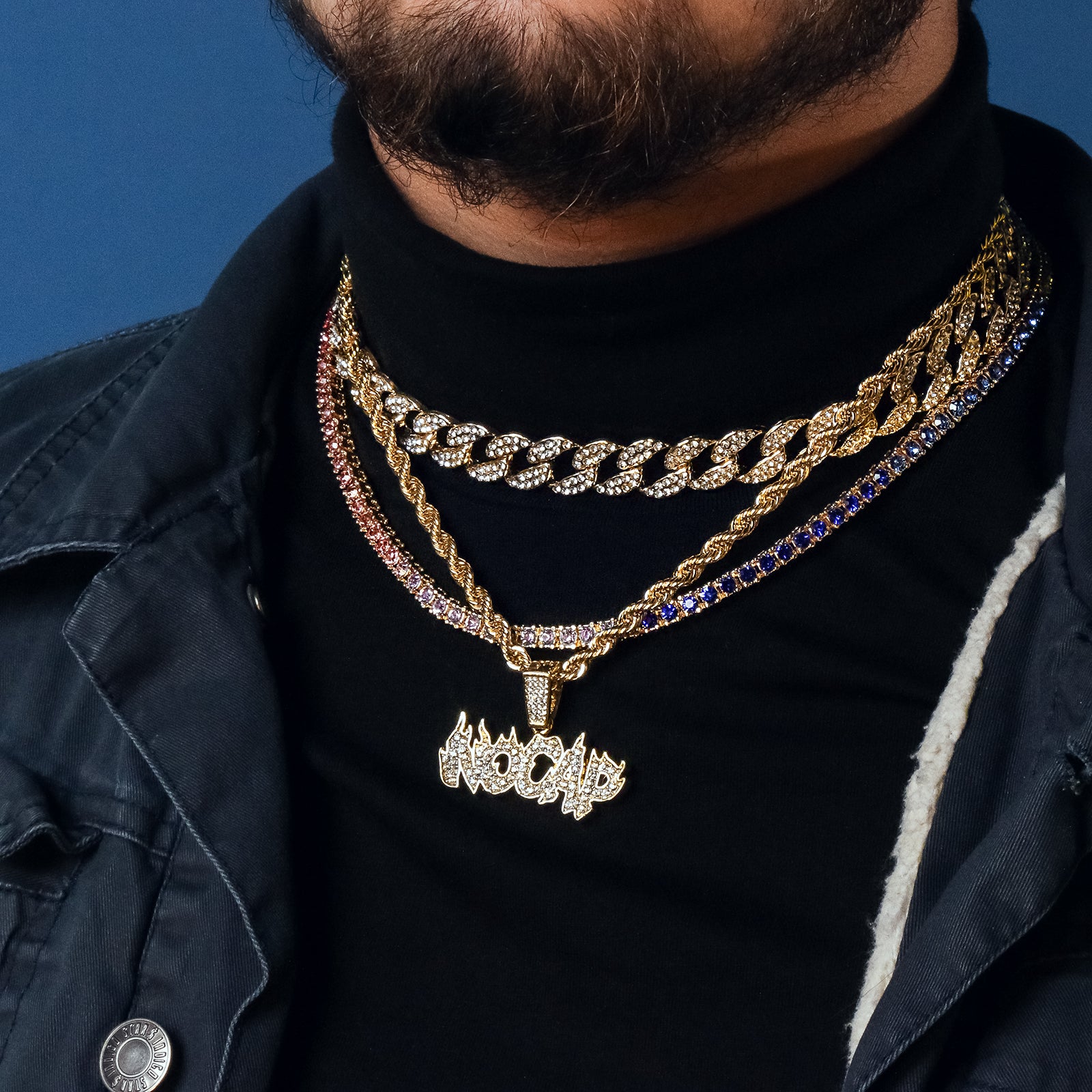 No Cap 4 Pcs Set Cuban, Tennis & Rope Chain Bundle Gold PT