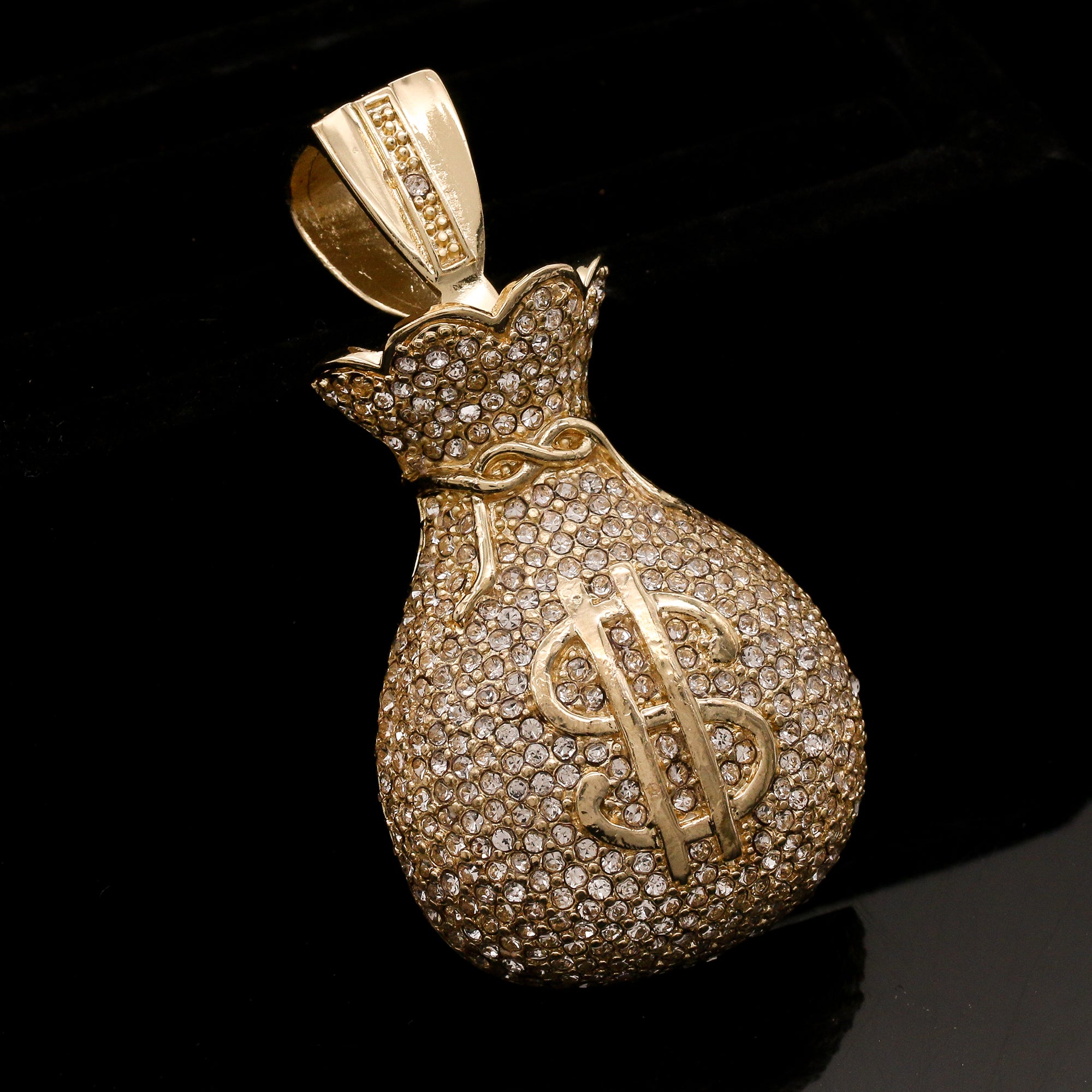 Men's Gold Plated Hip-Hop XL Fully Cz Money Bag Cuban 10mm 30 & Bracelet 3pc Set