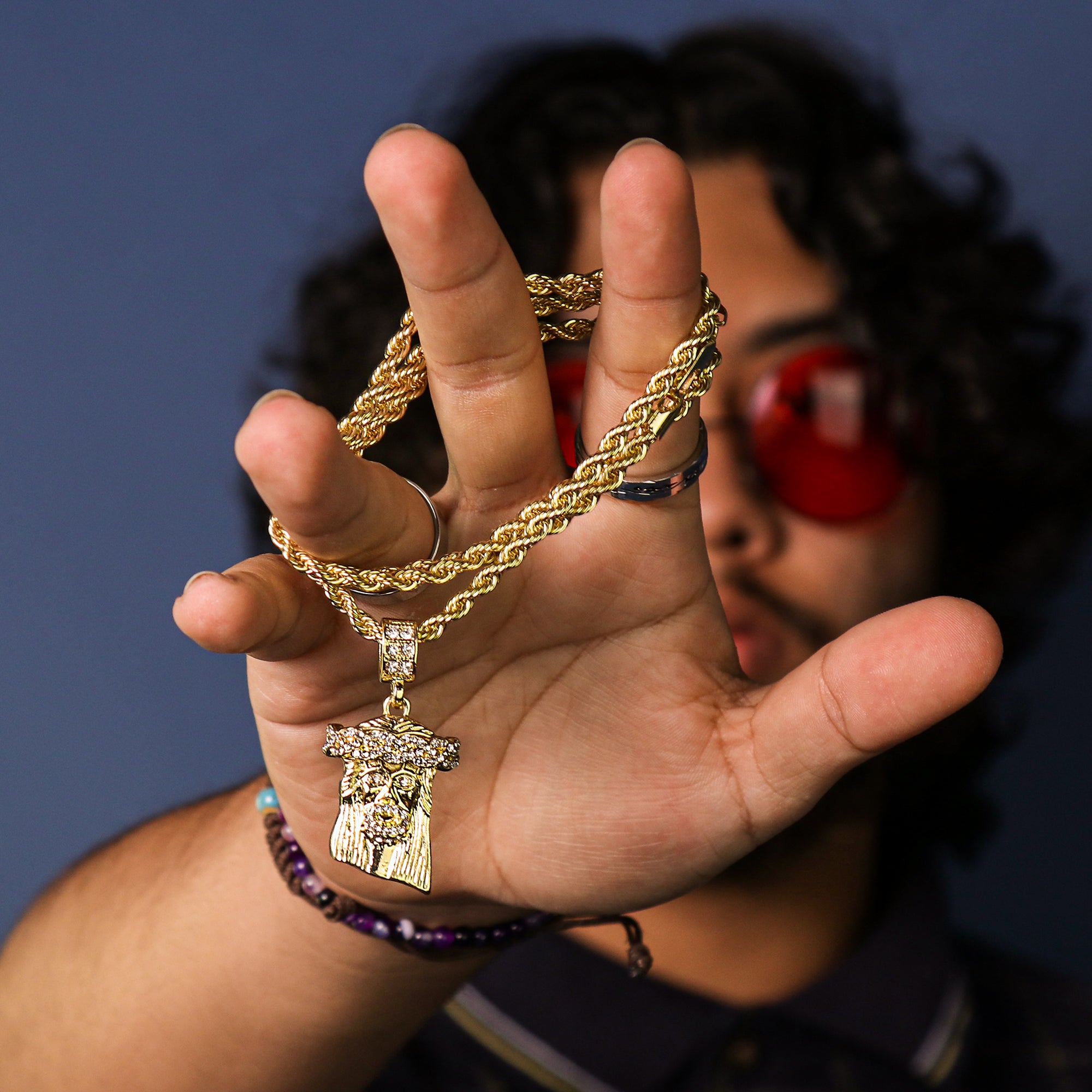 Micro Jesus Pendant 24" Rope Chain Men's 18k Gold Plated Jewelry