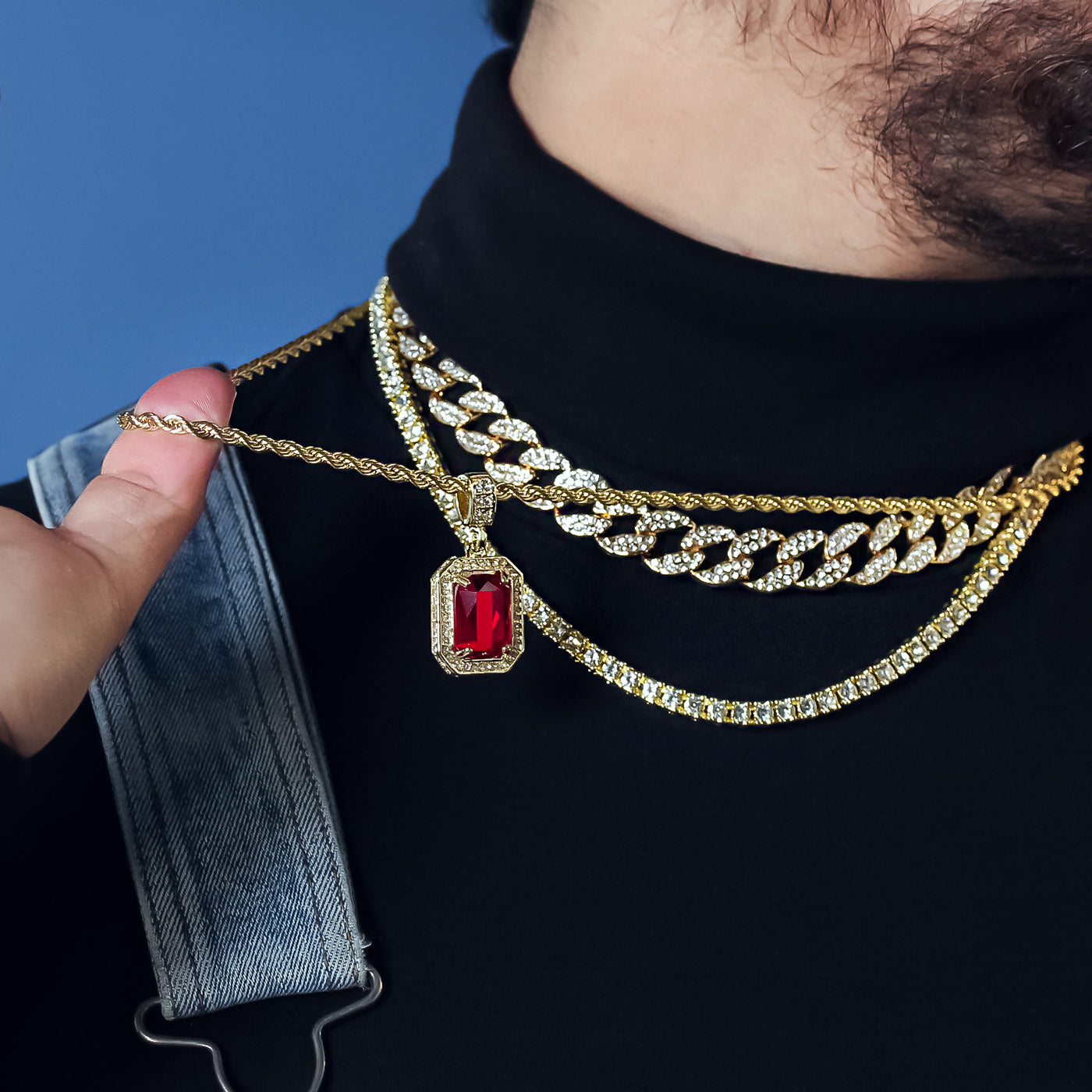 Red Ruby 4 Pcs Set Cuban, Tennis Clear Cz & Rope Chain Bundle Gold PT