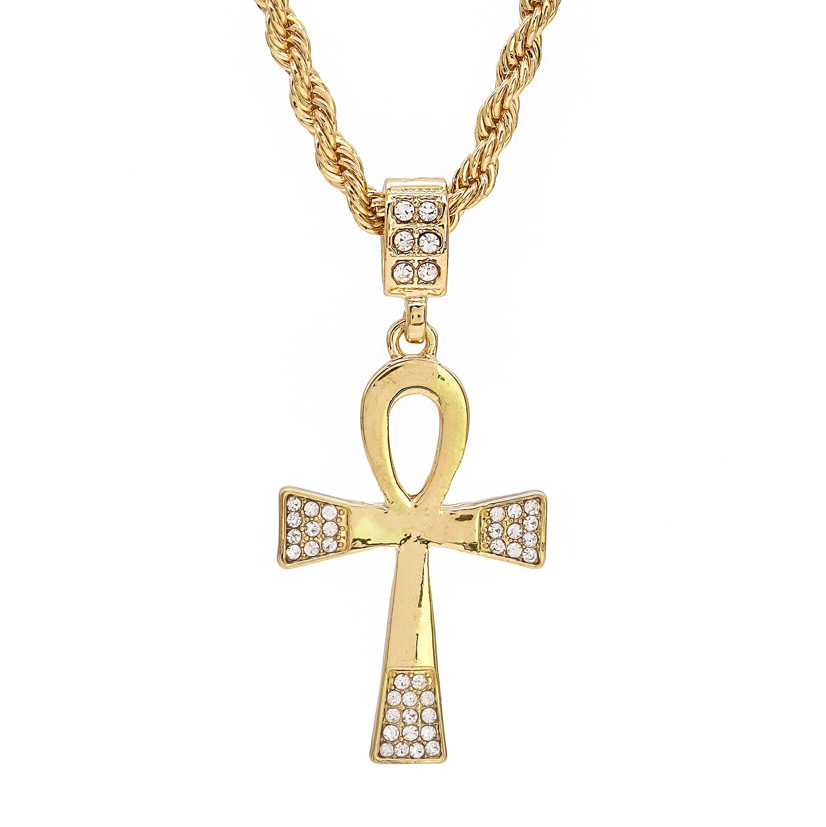 Edge Iced Ankh Pendant 24" Rope Chain Hip Hop 18k Jewelry