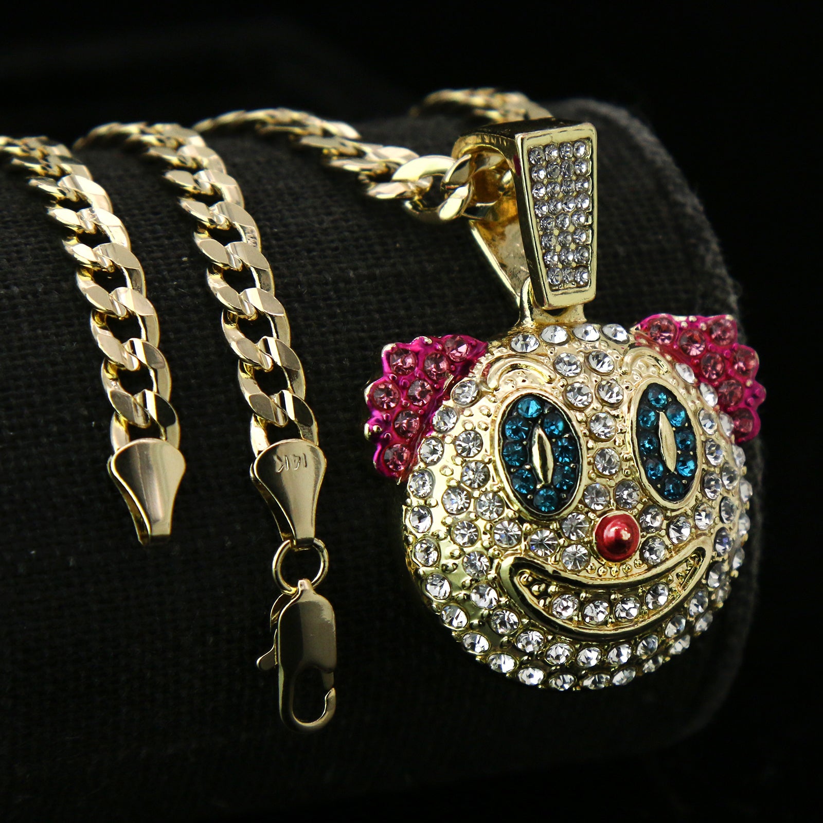 Colorful Fully Iced Clown/Jester 14k Gold PT Pendant 6mm 24" inches Cuban Chain