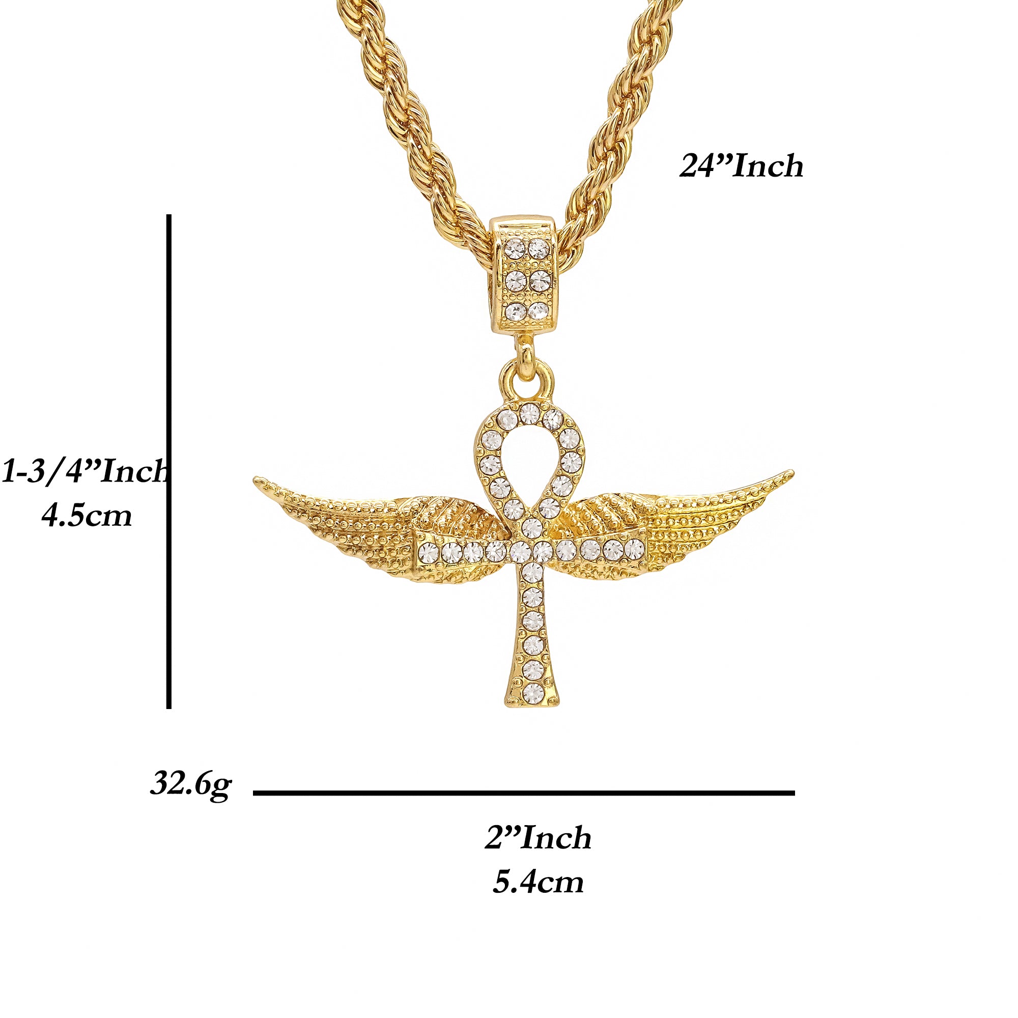 Wing Ankh Pendant 24" Rope Chain Hip Hop 18k Jewelry Necklace