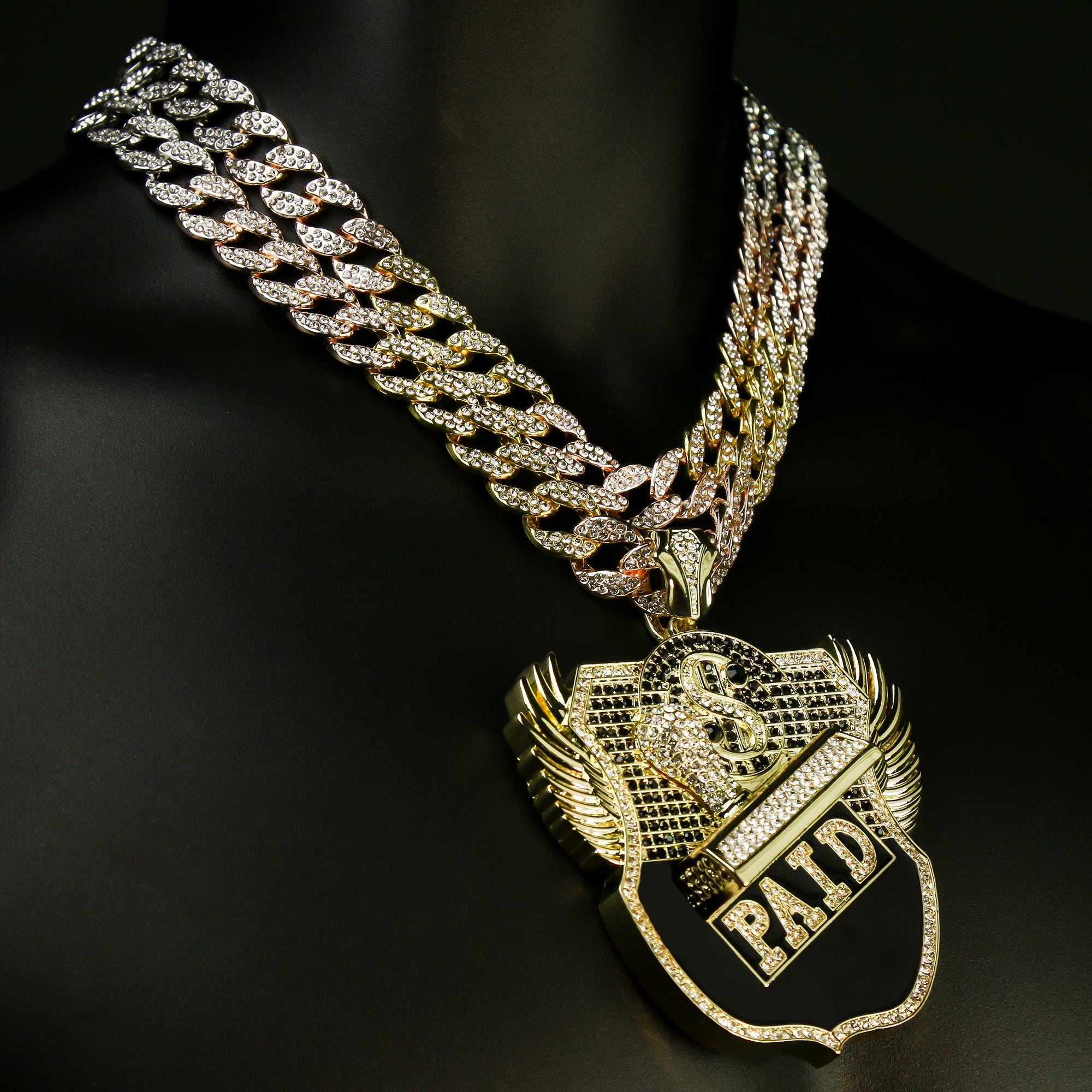 3pc Set – Huge Bando House Pendant & 3-Tone Iced Cuban Chains 18"/20"
