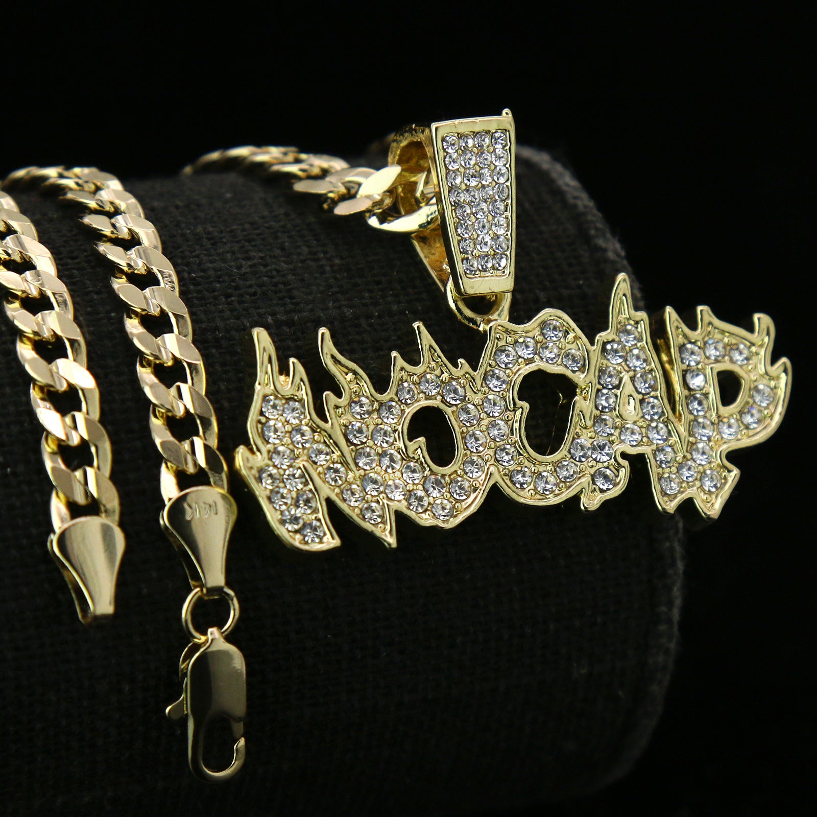 Fully Iced " NO CAP " Fire Letter 14k Gold PT Pendant / 6mm 24" inches Cuban Chain
