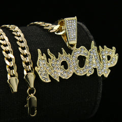 Fully Iced " NO CAP " Fire Letter 14k Gold PT Pendant / 6mm 24" inches Cuban Chain