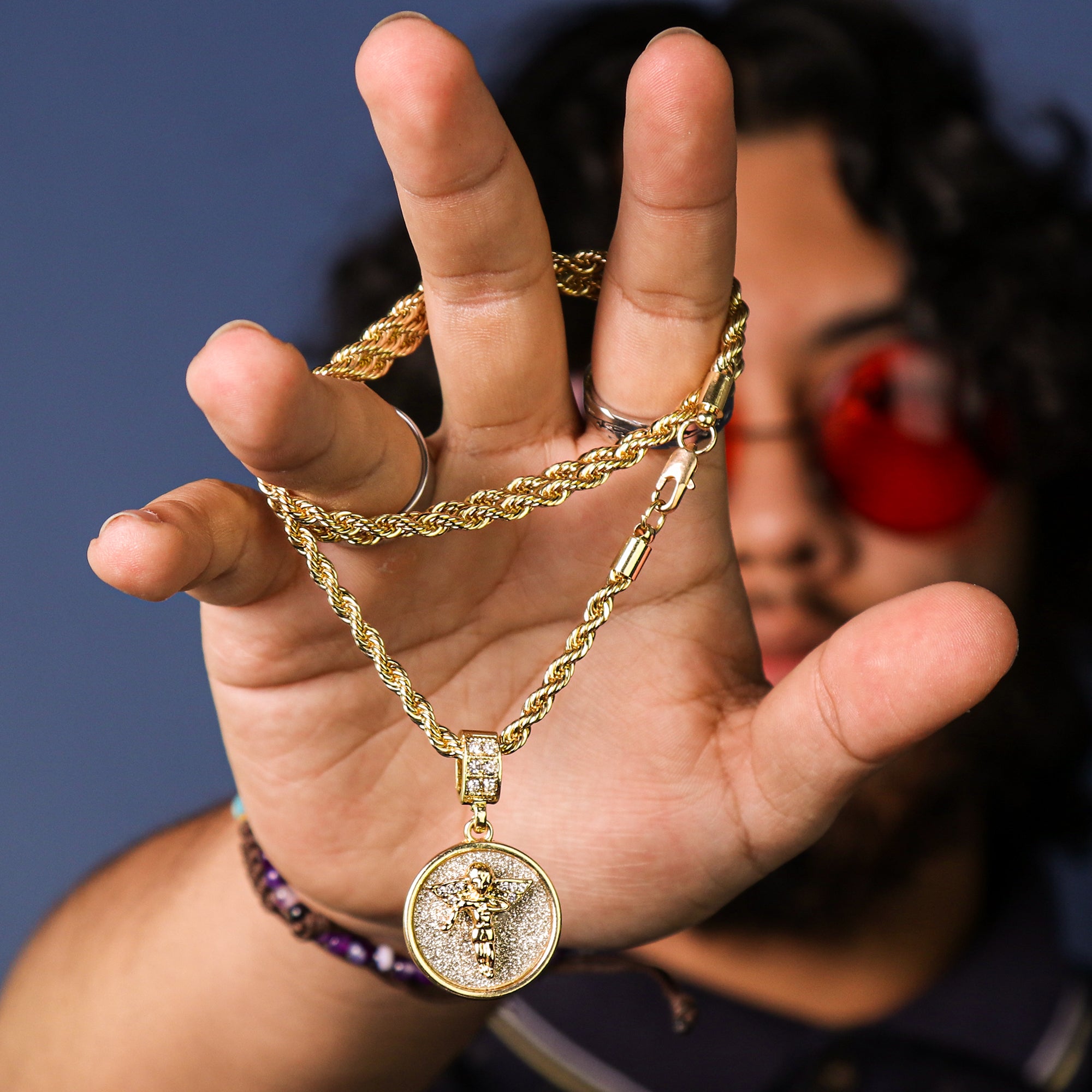 Angel Stardust Coin Pendant 24" Rope Chain Men's 18k Gold Plated Jewelry