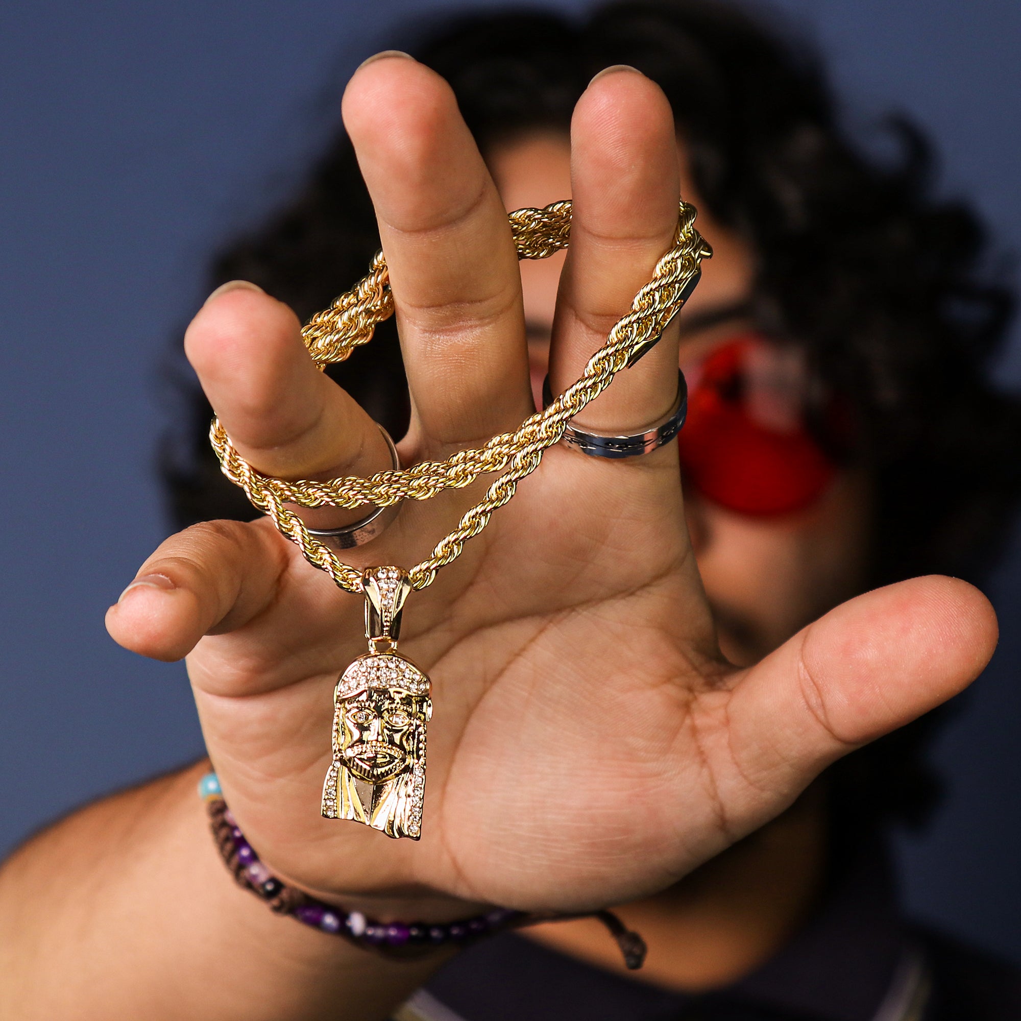 Micro Jesus Slim Face Pendant 24" Rope Chain Men's 18k Gold Plated Jewelry