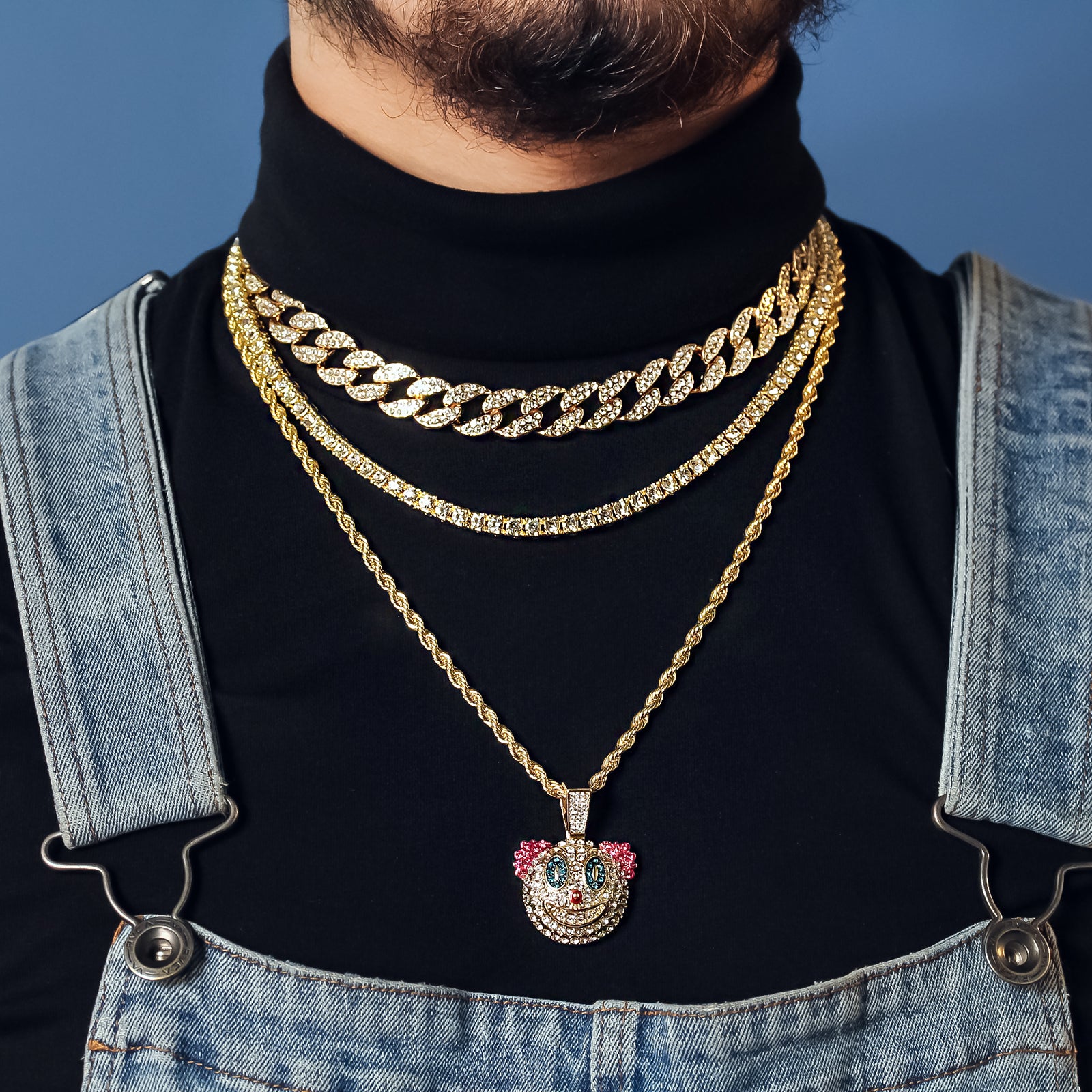 Clown 4 Pcs Set Cuban, Tennis Clear Cz & Rope Chain Bundle Gold PT