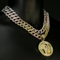 3pc Set Round Pharaoh Gold Pt 18,20" Fully Cz Hip Hop 3 Tone Cuban Choker Chain