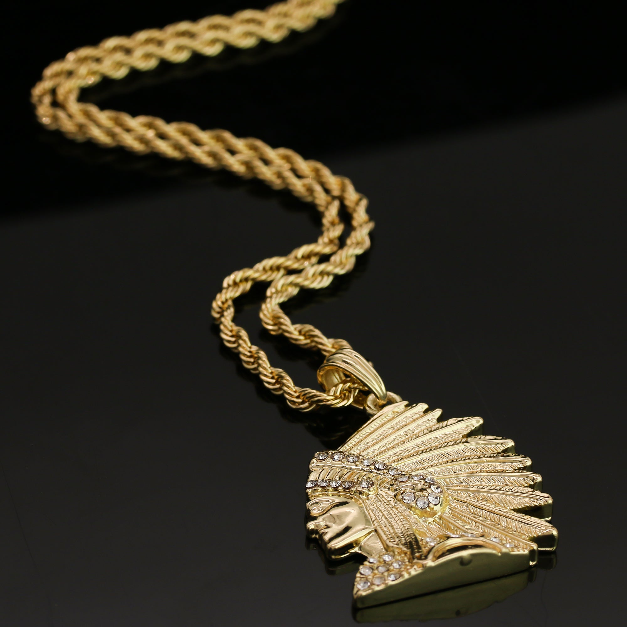 14k Gold Plated Hip-Hop Cz Indian Head Pendant 20" Choker Rope Chain Necklace