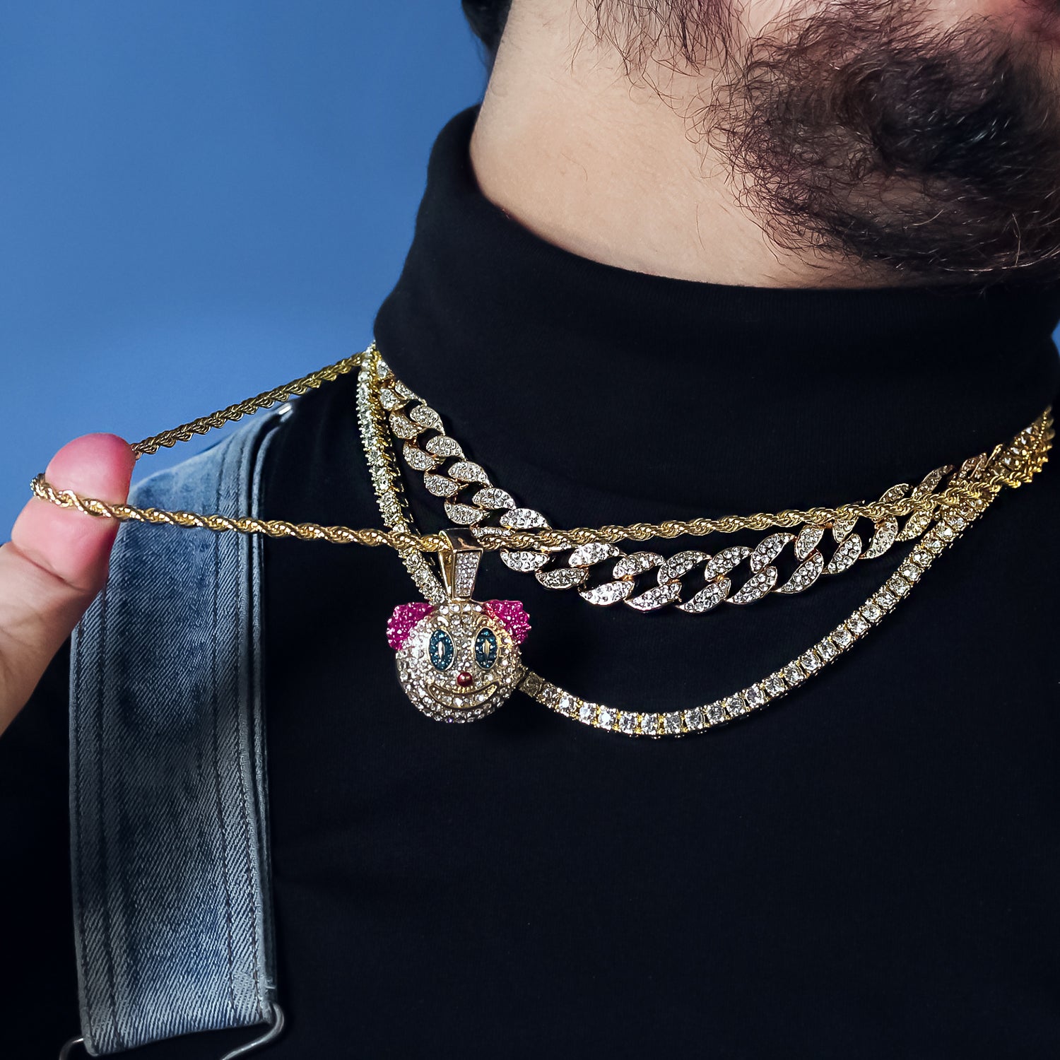 Clown 4 Pcs Set Cuban, Tennis Clear Cz & Rope Chain Bundle Gold PT