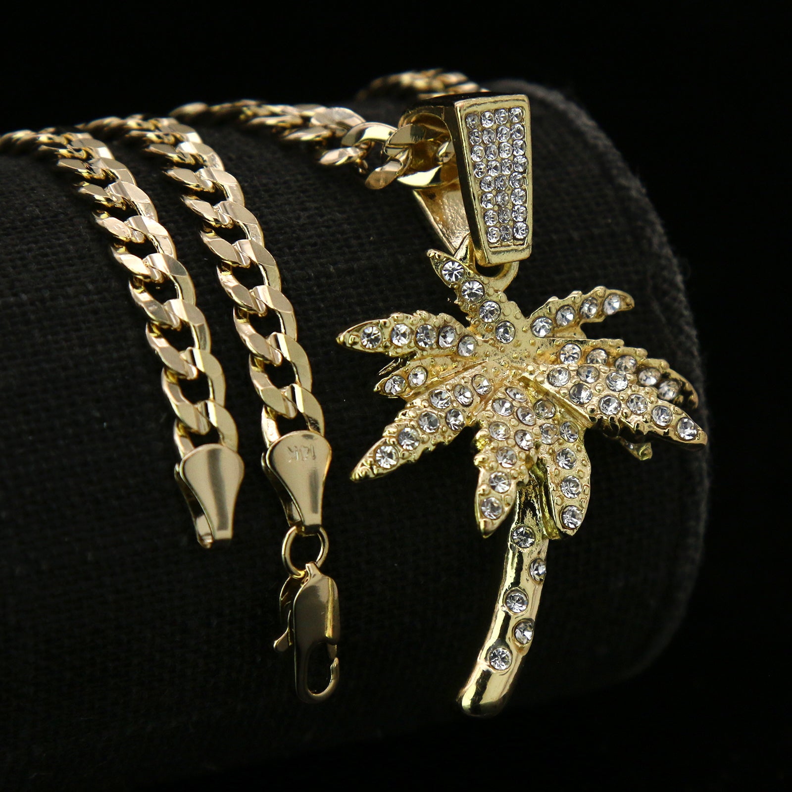 Exquisite Fully Iced West Coast Palm Tree 14k Gold PT Pendant 24" Cuban Chain