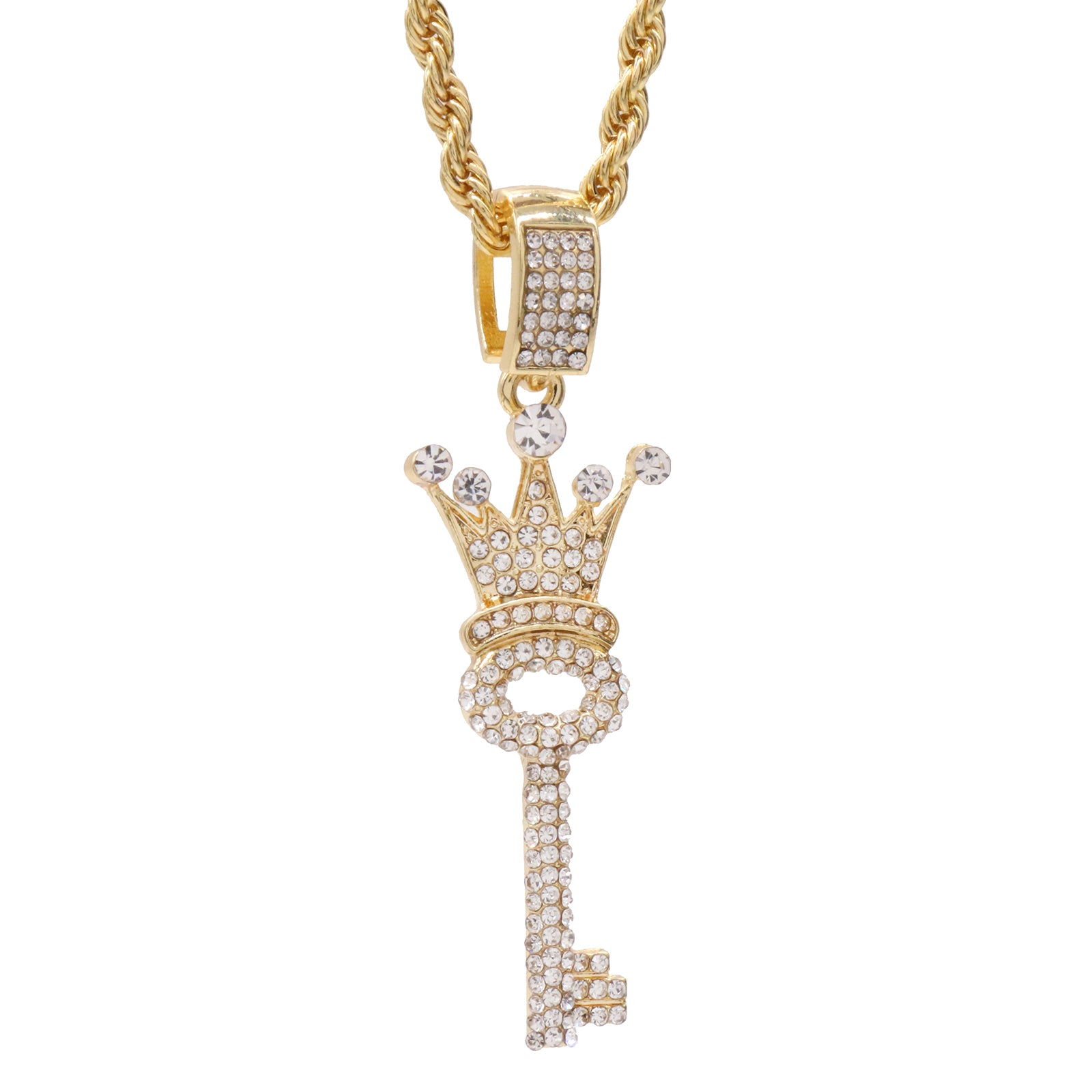 Cz Crown Key Pendant 24"Inch 4mm Rope Chain