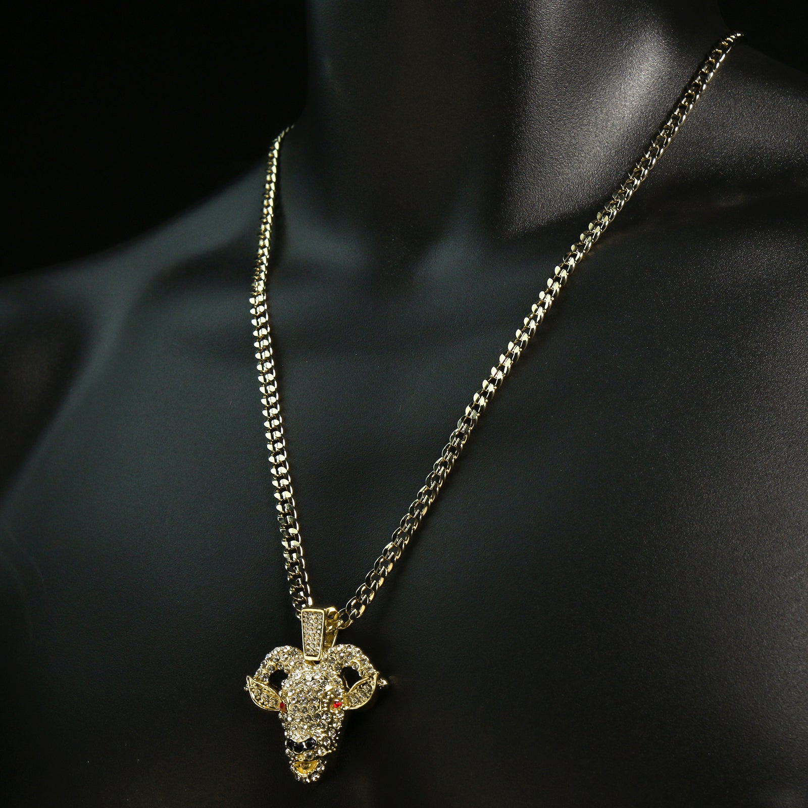 Fully Iced GOAT Head Red Eye 14k Gold PT Pendant 6mm 24" inches Cuban Chain