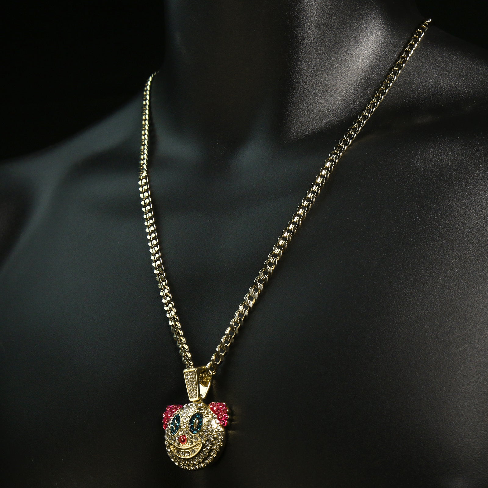 Colorful Fully Iced Clown/Jester 14k Gold PT Pendant 6mm 24" inches Cuban Chain