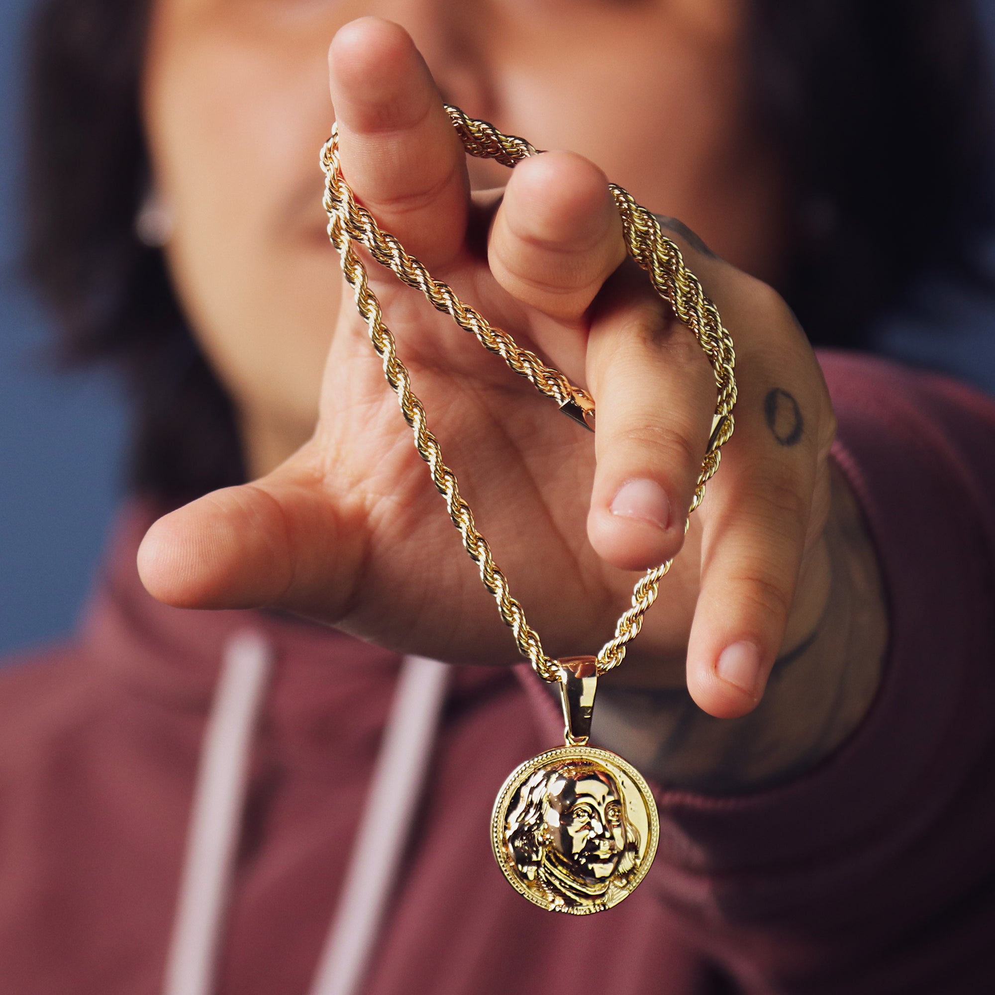Benjamin Coin Pendant 24" Rope Chain Men's Hip Hop 18k Jewelry