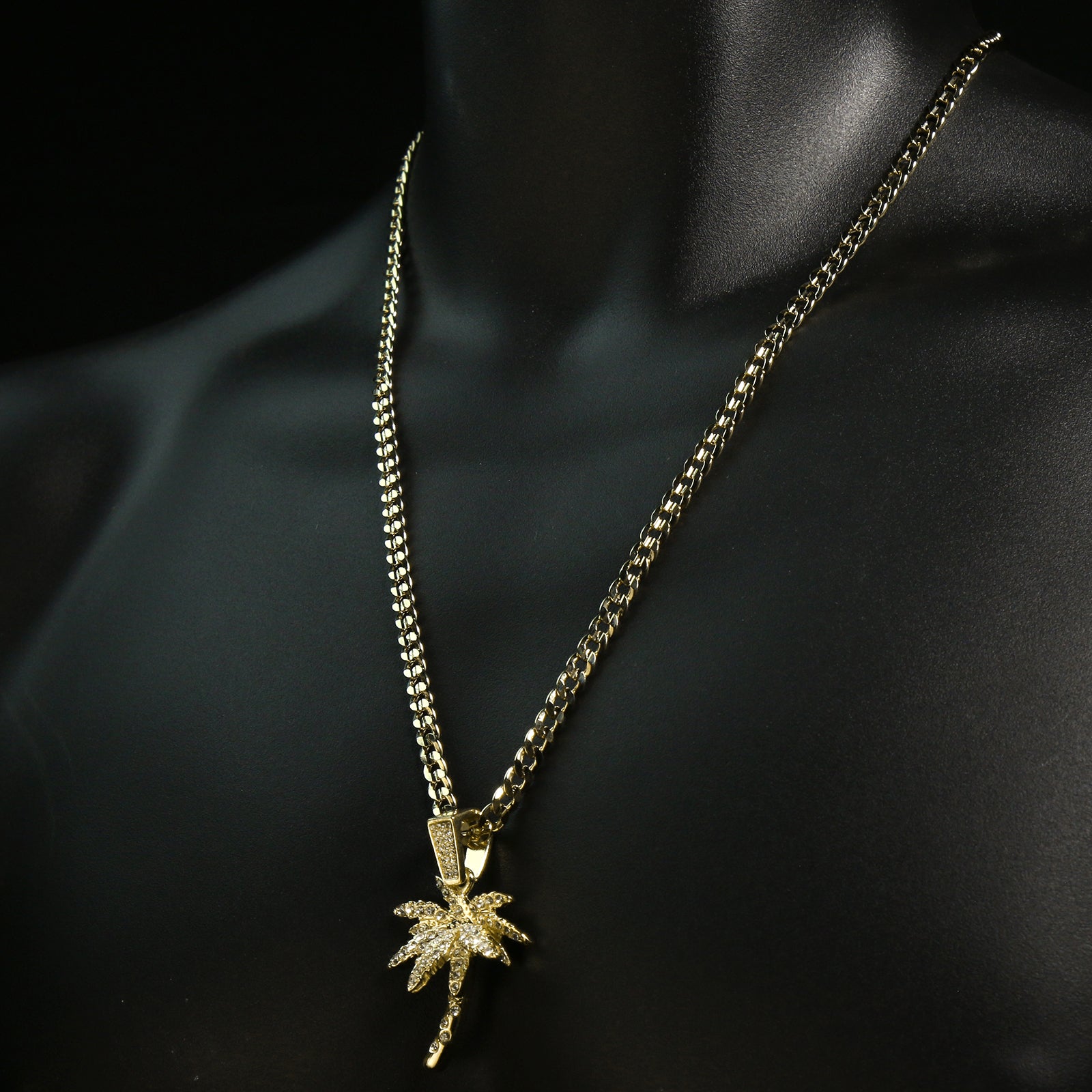 Exquisite Fully Iced West Coast Palm Tree 14k Gold PT Pendant 24" Cuban Chain