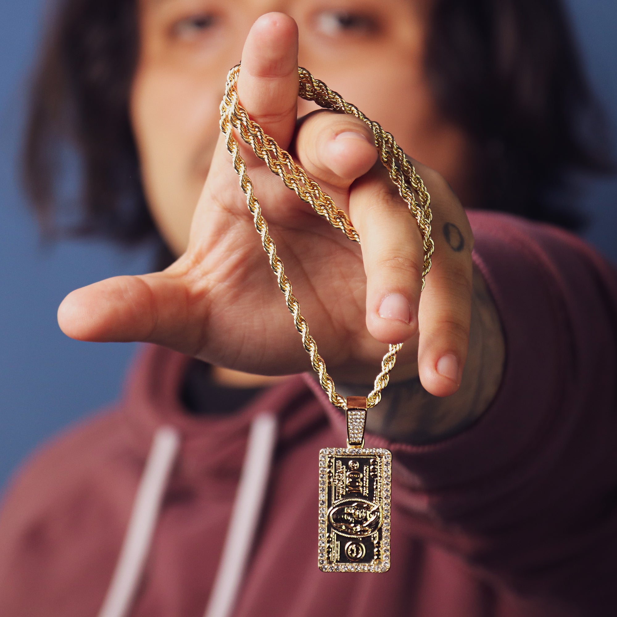 100 Dollar Bill Pendant 24" Rope Chain Men's Hip Hop 18k Jewelry