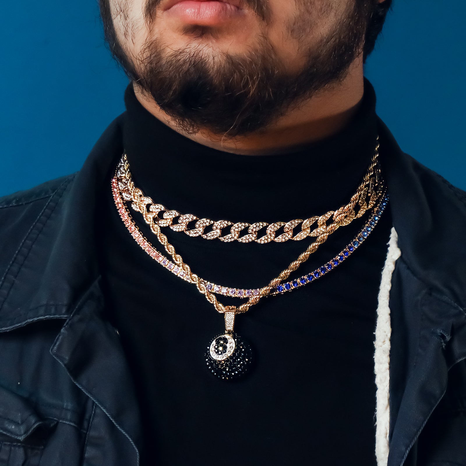 #8 Ball 4 Pcs Set Cuban, Tennis & Rope Chain Bundle Gold PT