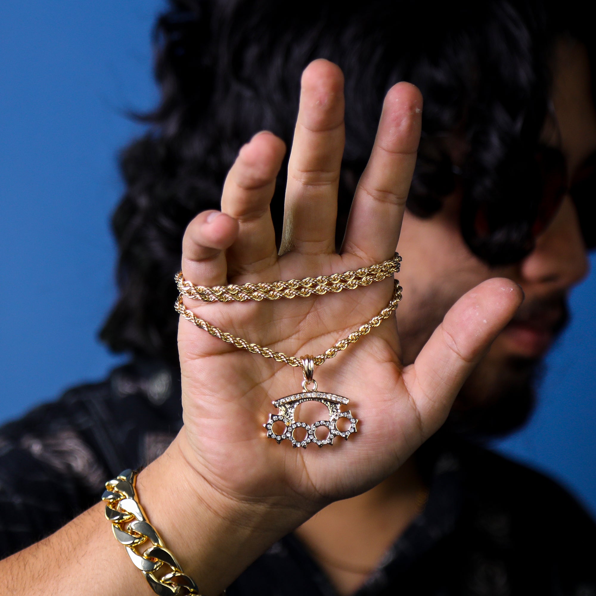Iced knuckles Pendant 18K 24" Rope Chain Hip Hop Jewelry