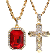 Gold Plated Red Stone & 012 Jesus Cross Pendant Cubic-Zirconia Rope Chain