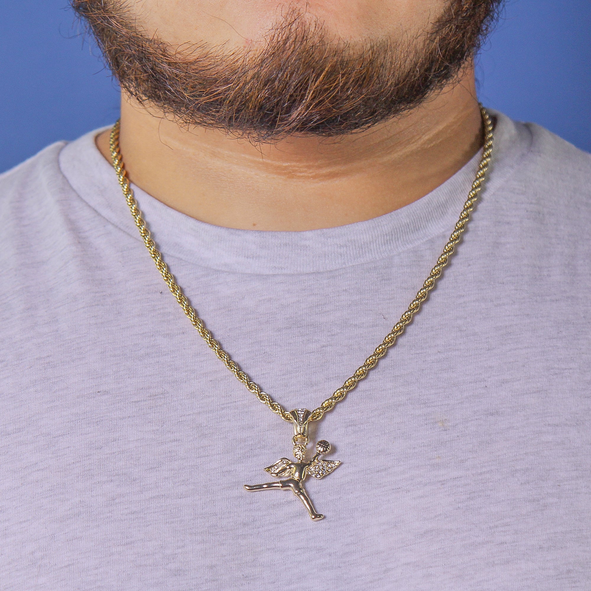 Jump Man Angel Pendant Rope Chain Men's Hip Hop 18k Cz Jewelry Necklace Choker
