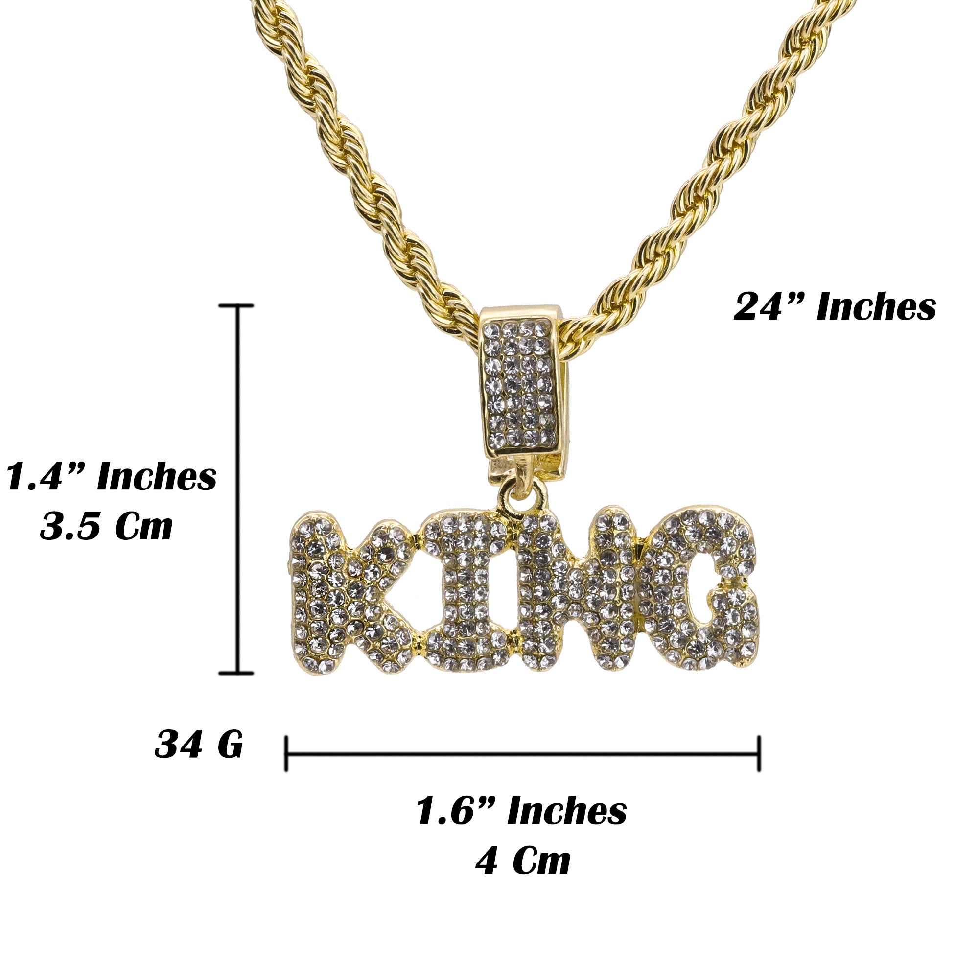 King Word Pendant 24" Rope Chain Hip Hop Style 18k Gold Plated