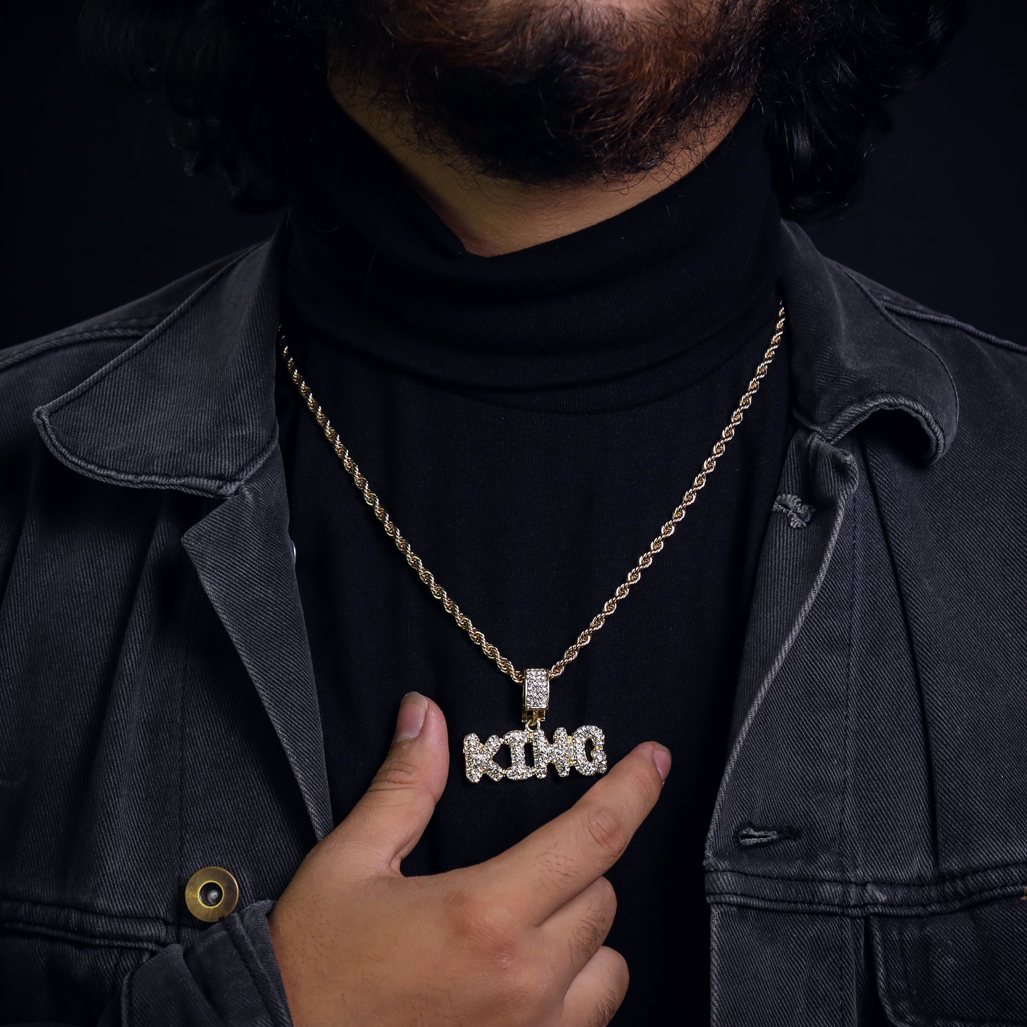 King Word Pendant 24" Rope Chain Hip Hop Style 18k Gold Plated