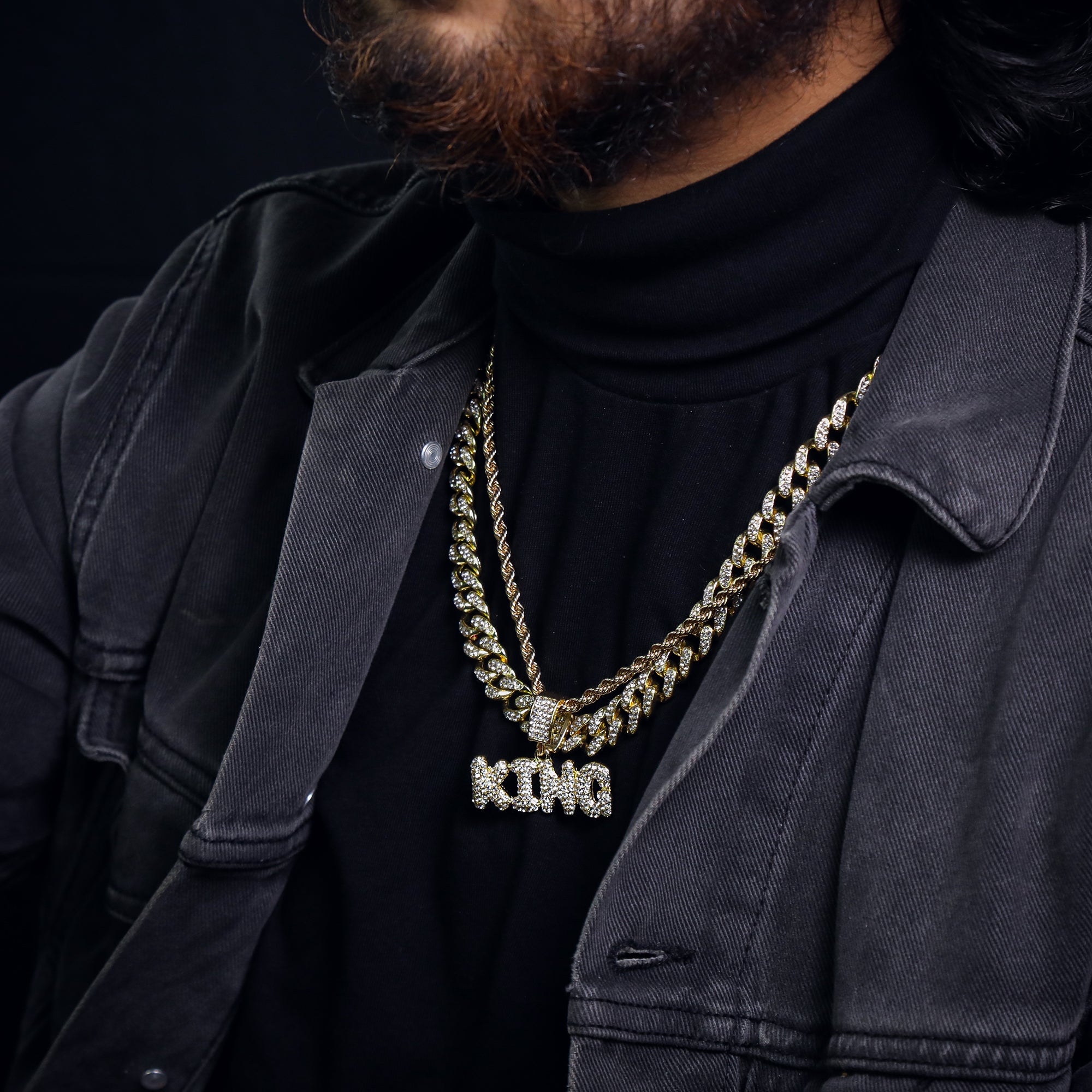 King Word Pendant 24" Rope Chain Hip Hop Style 18k Gold Plated