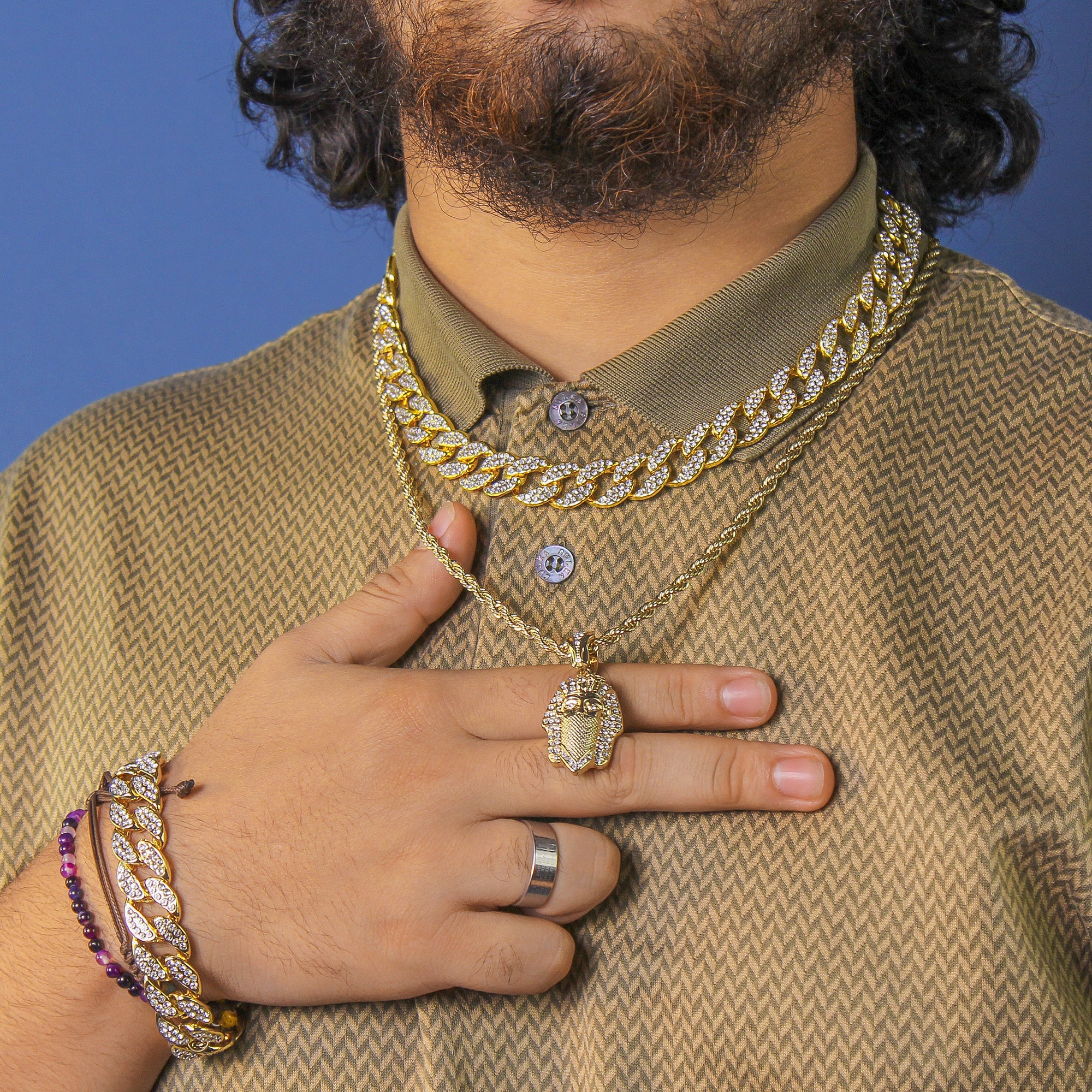 Masked Pharaoh Pendant 4mm 24" Rope Chain 18k Gold Plated