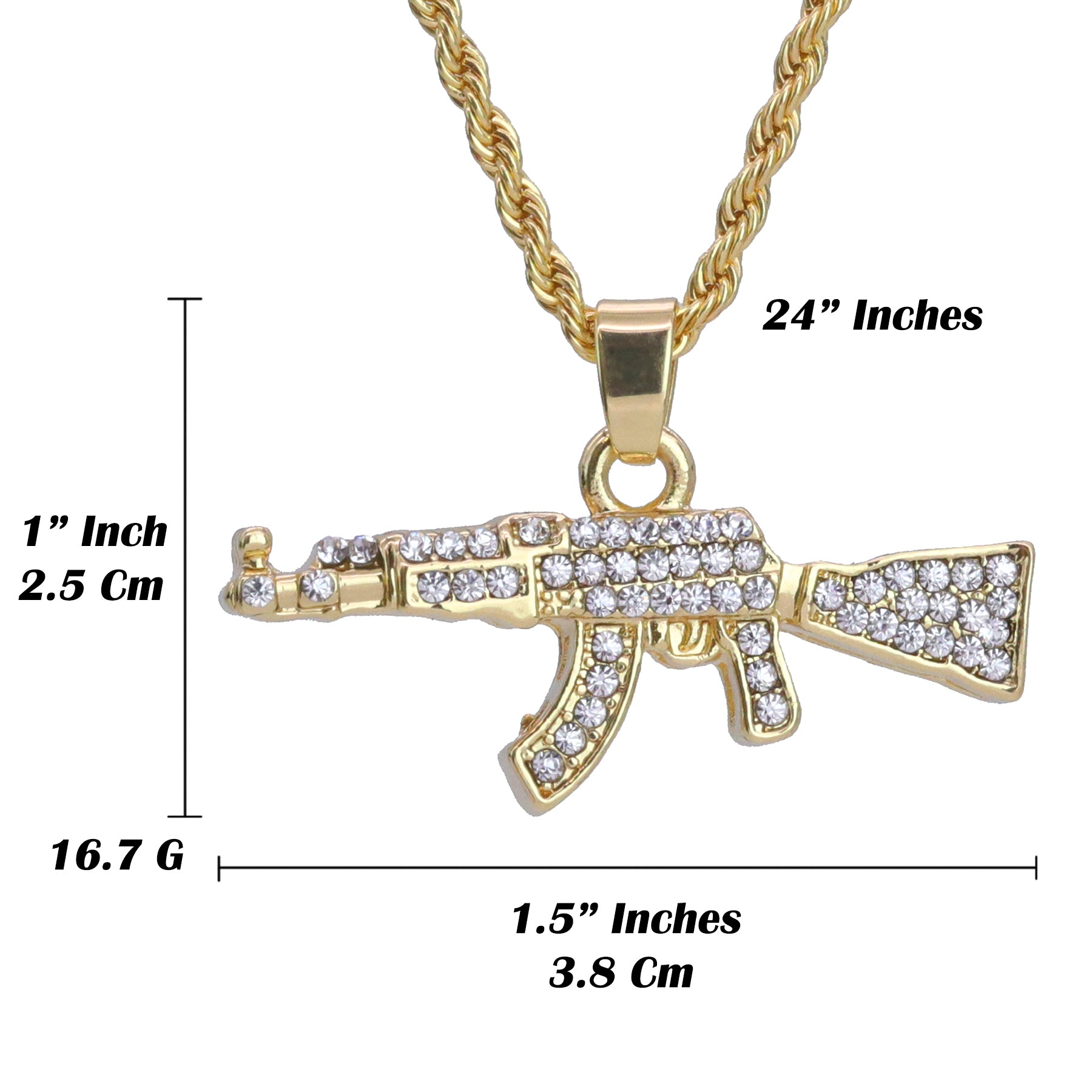 Iced Micro Ak Pendant 24" Rope Chain Hip Hop Style 18k Gold PT