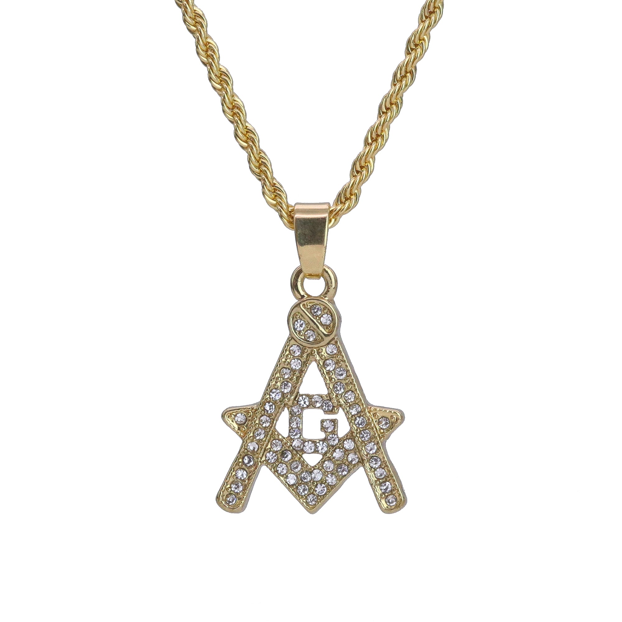 Micro Free Mason Pendant 24" Rope Chain Hip Hop Style 18k Gold PT