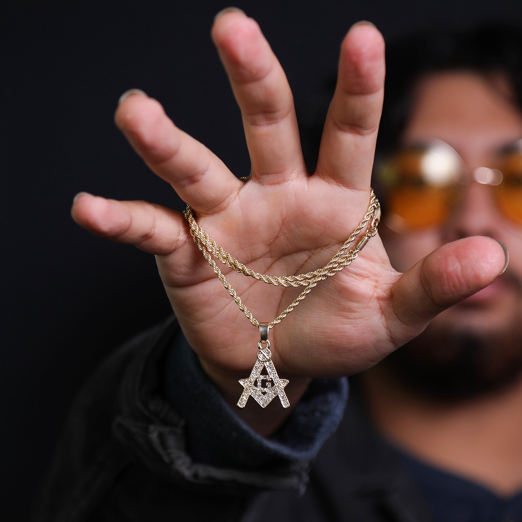Micro Free Mason Pendant 24" Rope Chain Hip Hop Style 18k Gold PT
