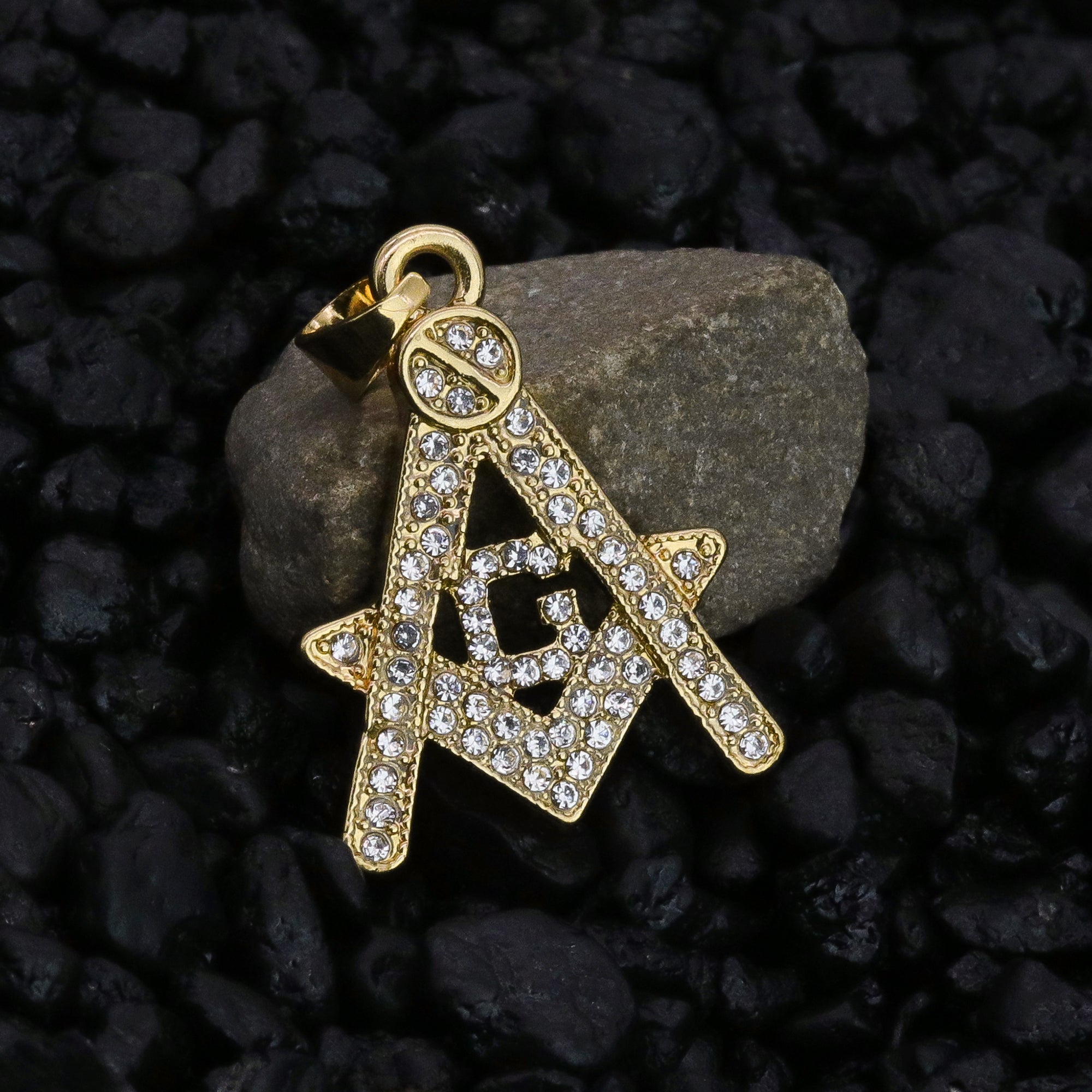 Micro Free Mason Pendant 24" Rope Chain Hip Hop Style 18k Gold PT