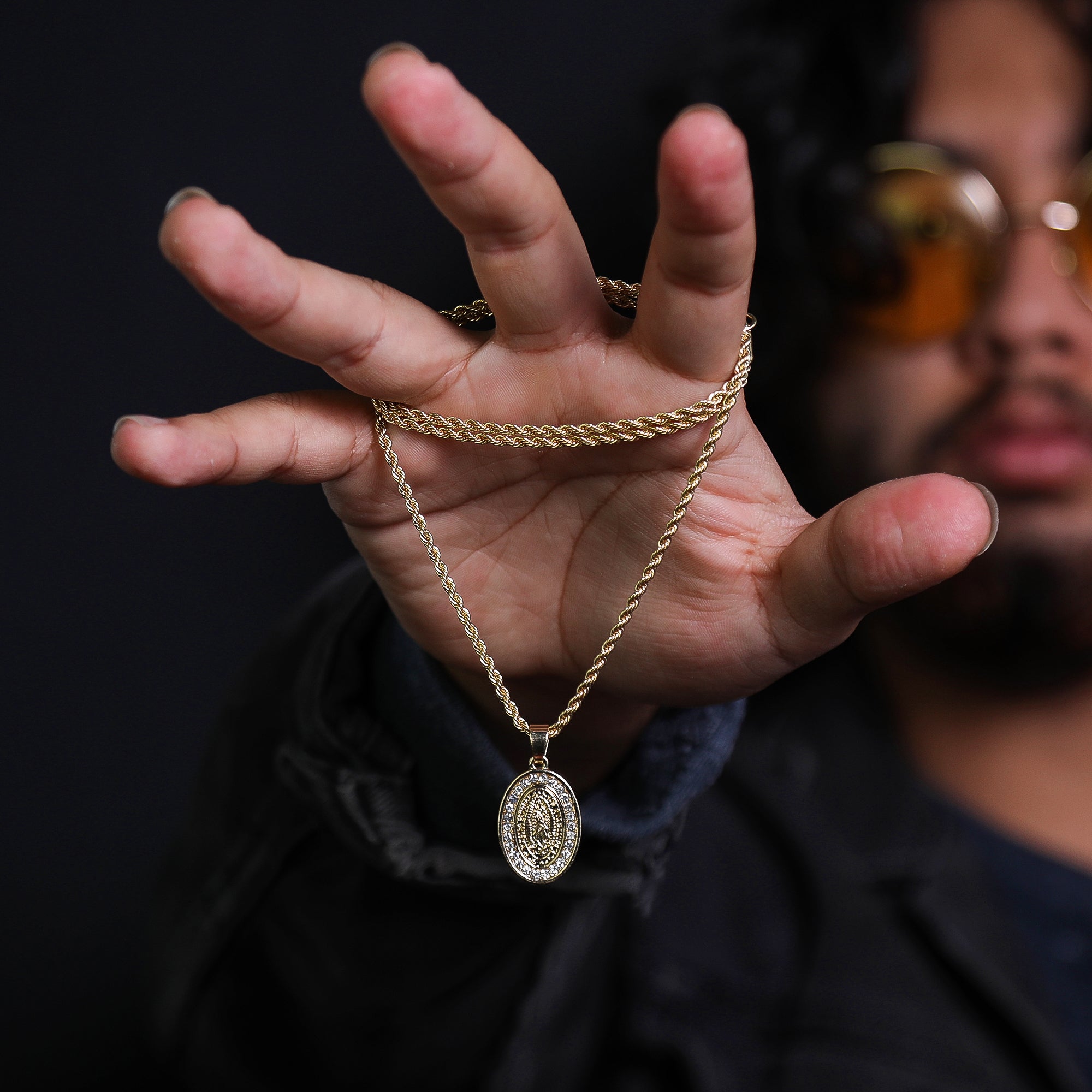 Micro Guadalupe Oval Pendant 24" Rope Chain Hip Hop Style 18k Gold PT