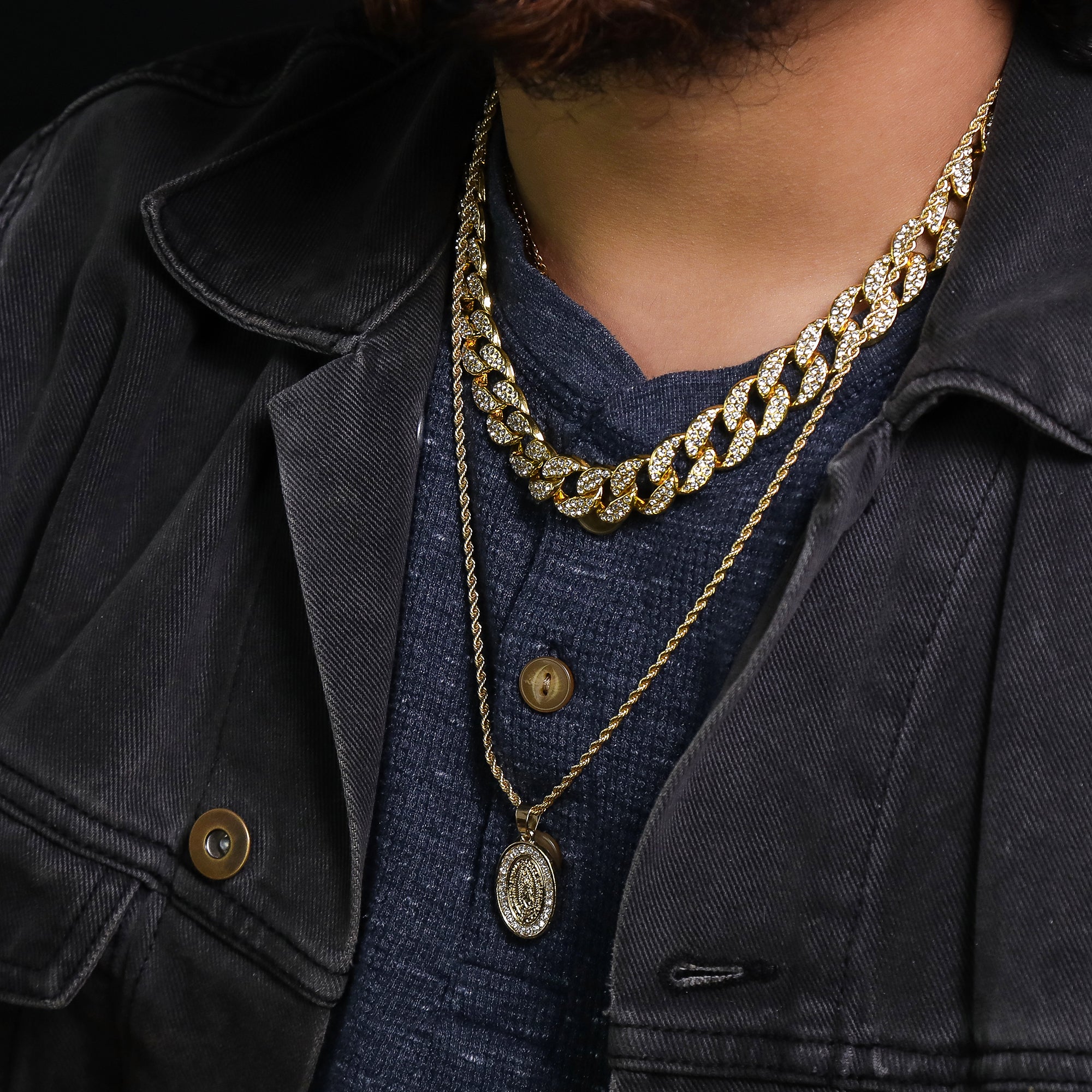 Micro Guadalupe Oval Pendant 24" Rope Chain Hip Hop Style 18k Gold PT