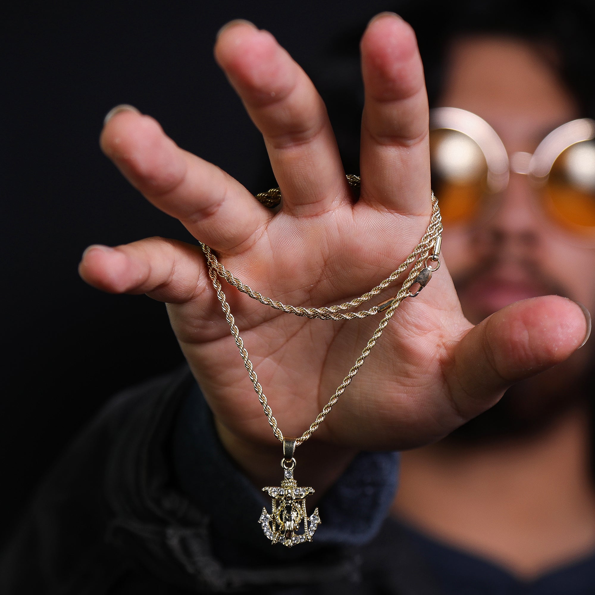 Micro Jesus Anchor Pendant 24" Rope Chain Hip Hop Style 18k Gold PT