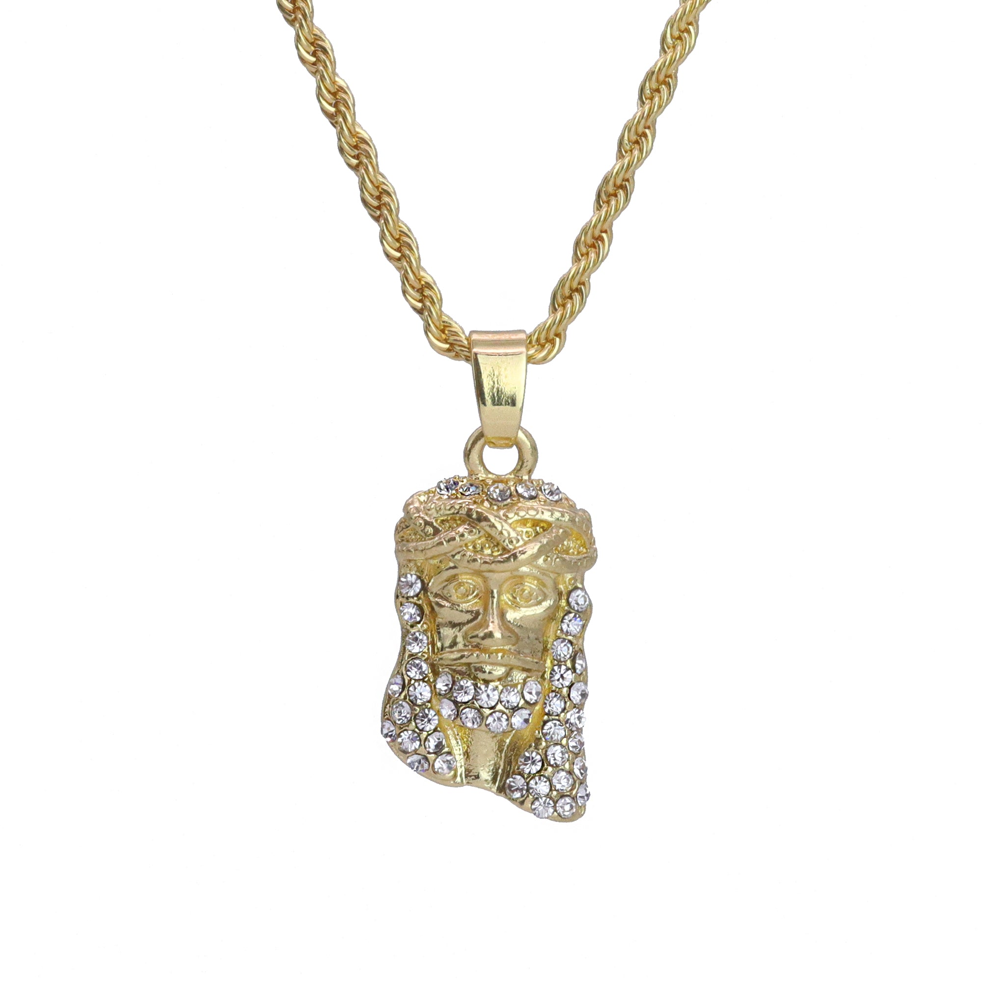 Micro Jesus Face Pendant 24" Rope Chain Hip Hop Style 18k Gold PT