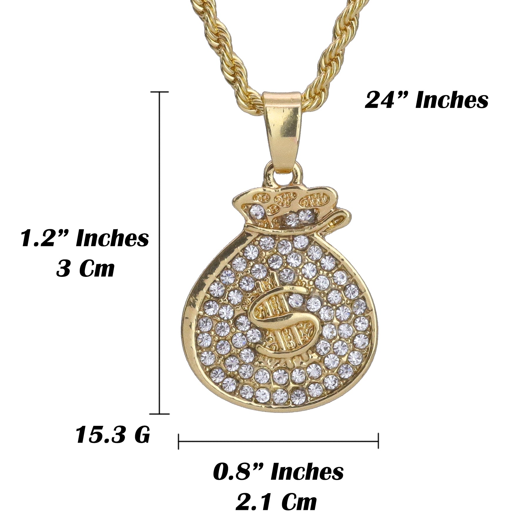 Micro Money bag Pendant 24" Rope Chain Hip Hop Style 18k Gold PT