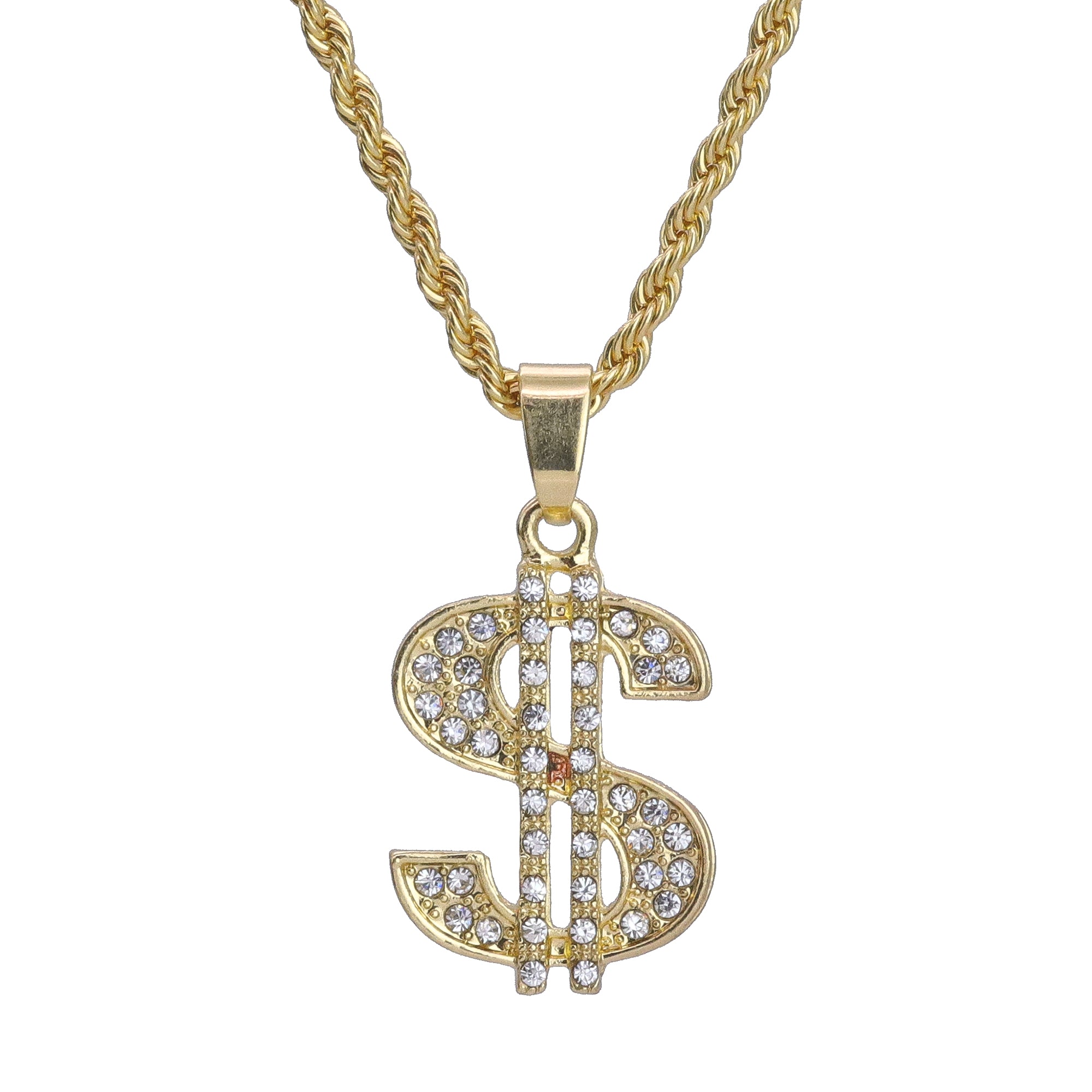 Micro Money Sign Pendant 24" Rope Chain Hip Hop Style 18k Gold PT