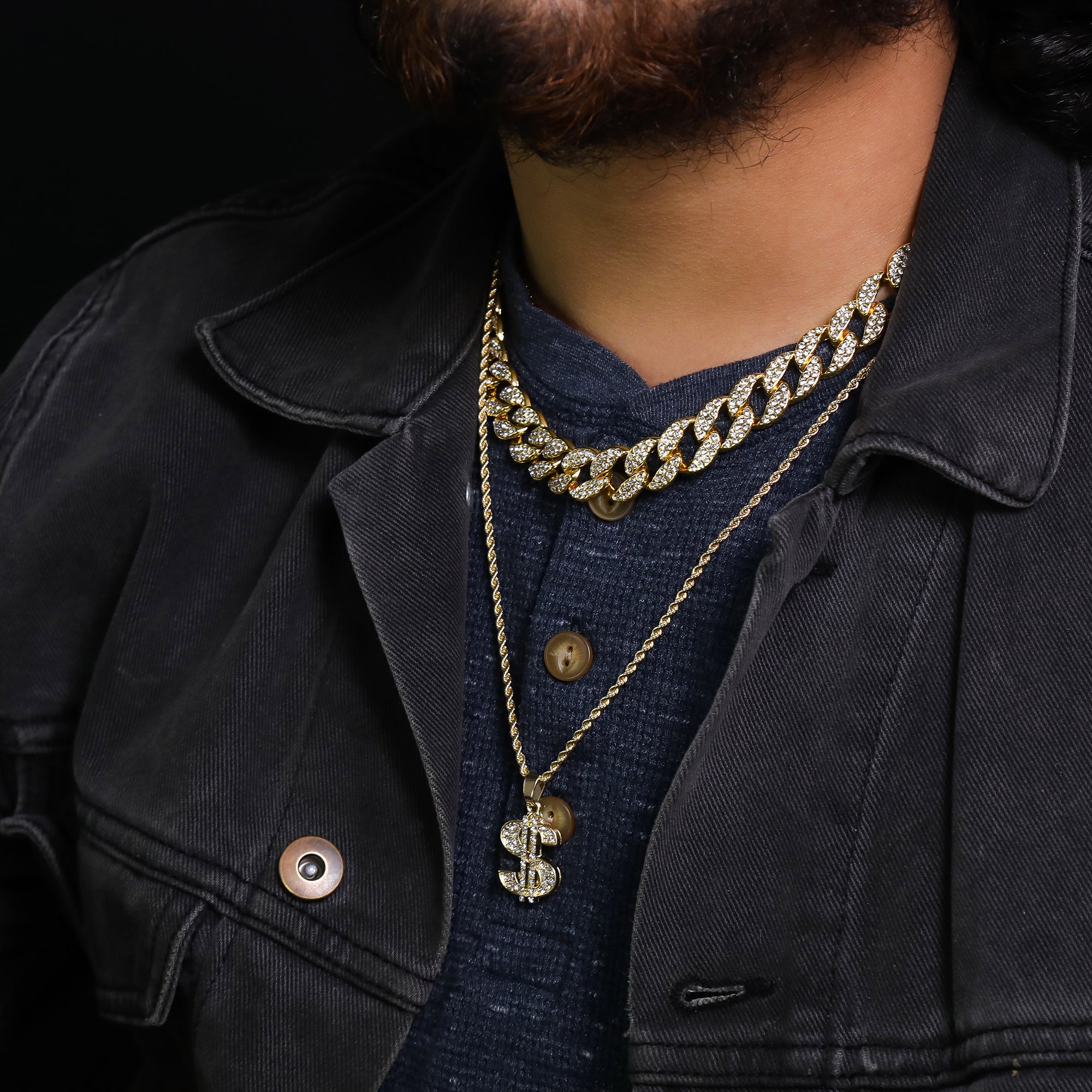 Micro Money Sign Pendant 24" Rope Chain Hip Hop Style 18k Gold PT