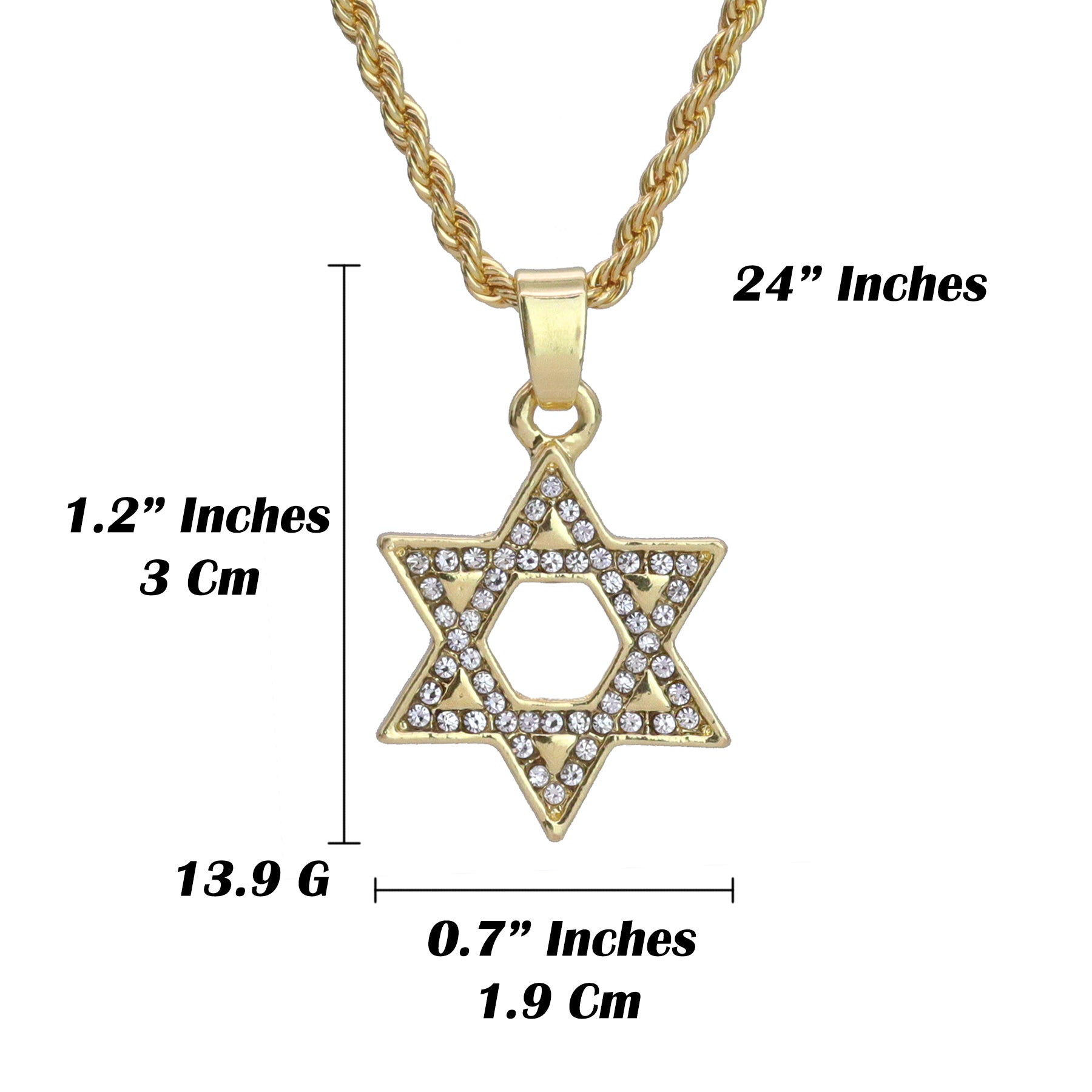 Micro Star Of David Pendant 24" Rope Chain Hip Hop Style 18k Gold PT
