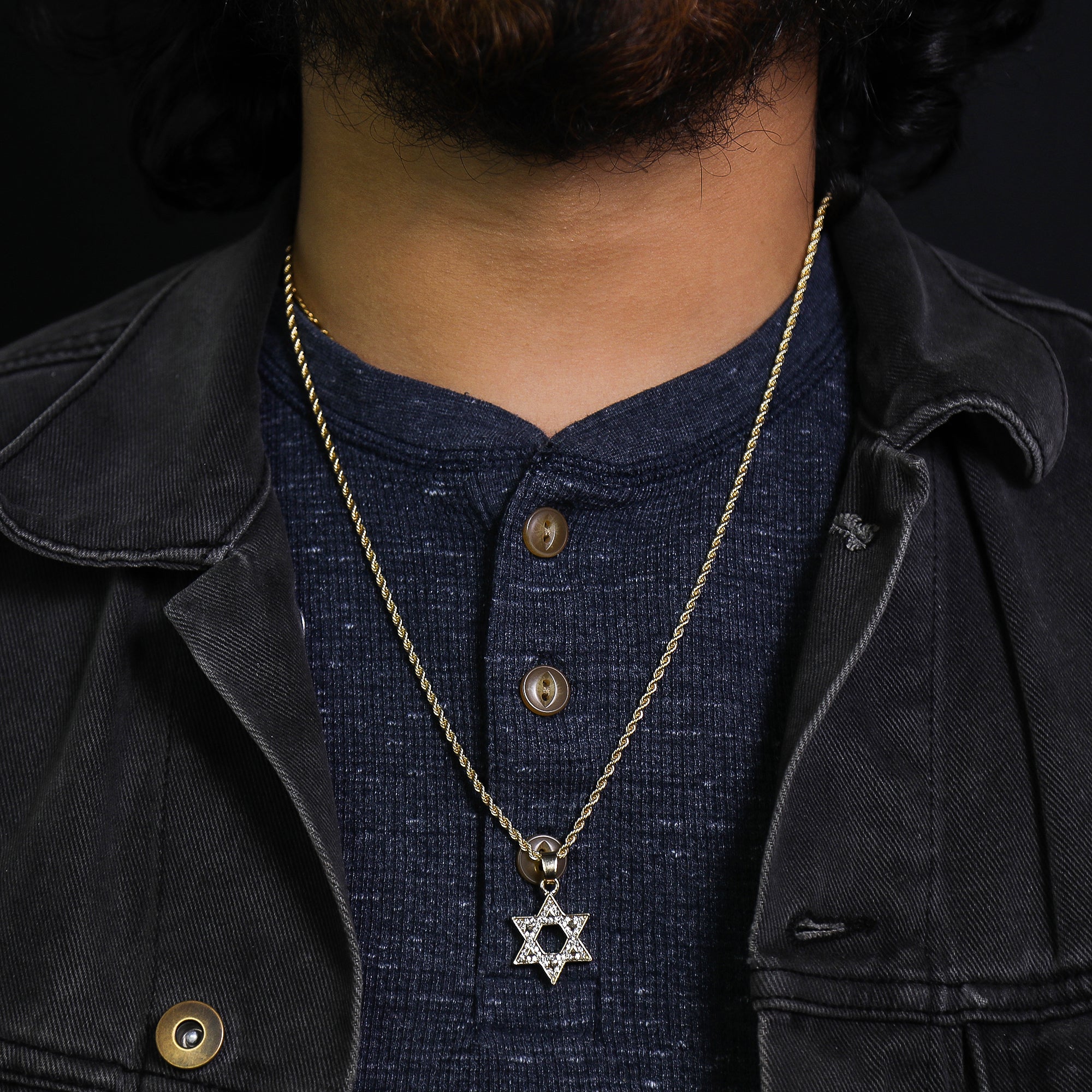 Micro Star Of David Pendant 24" Rope Chain Hip Hop Style 18k Gold PT