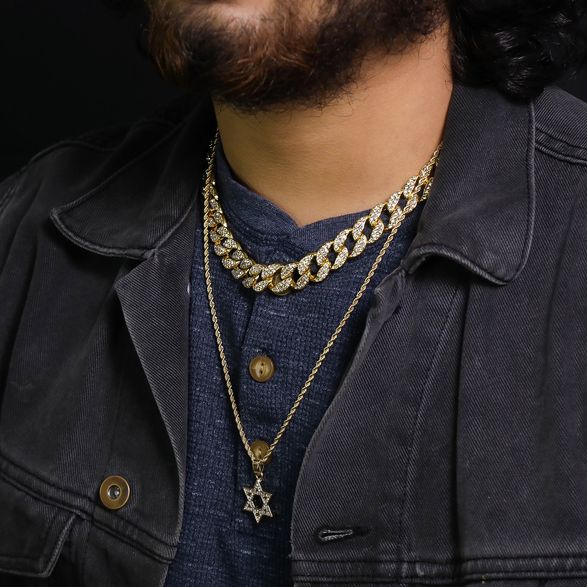 Micro Star Of David Pendant 24" Rope Chain Hip Hop Style 18k Gold PT