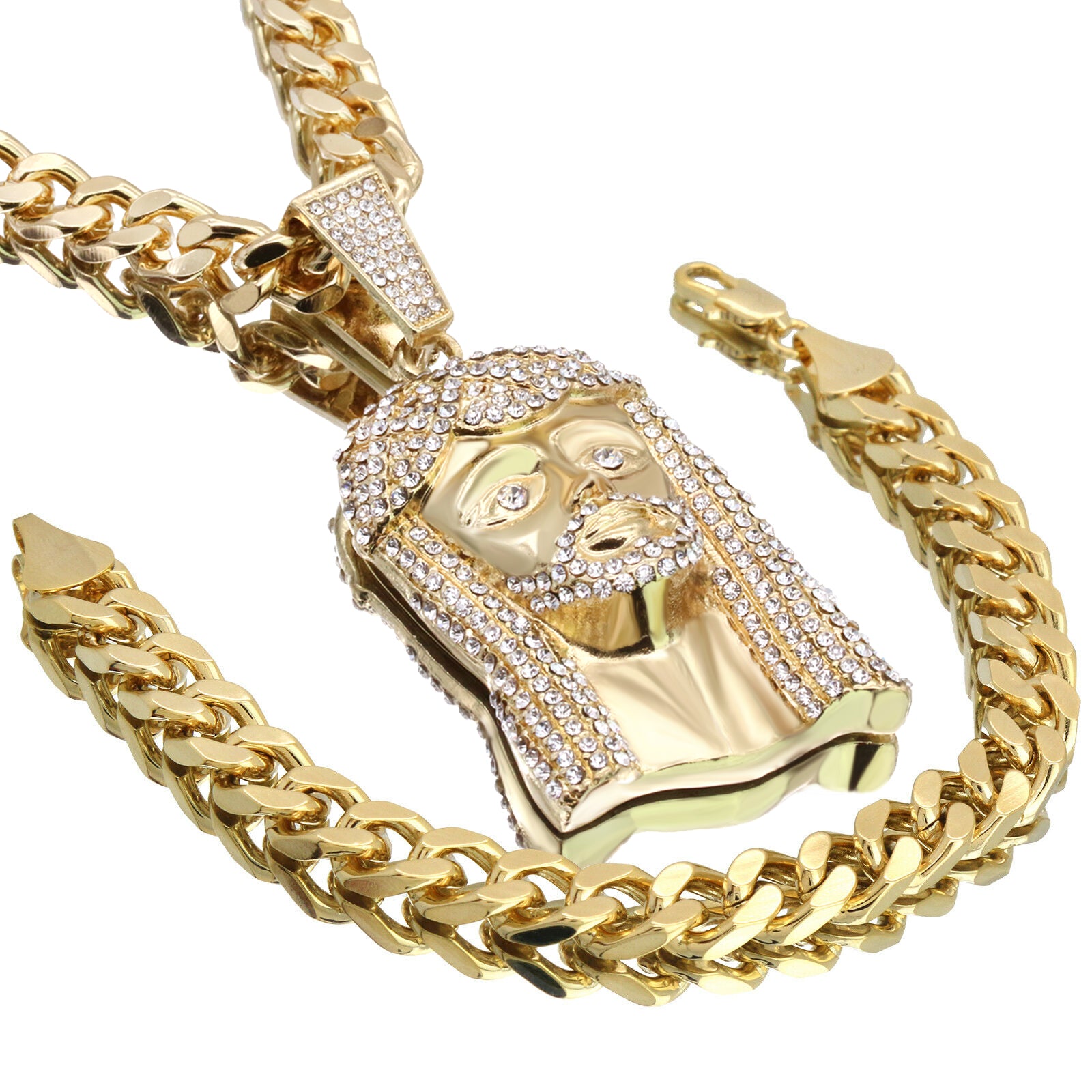 Jesus Peace Face Pendant Set – 10mm Miami Cuban Chain & Bracelet (Gold)